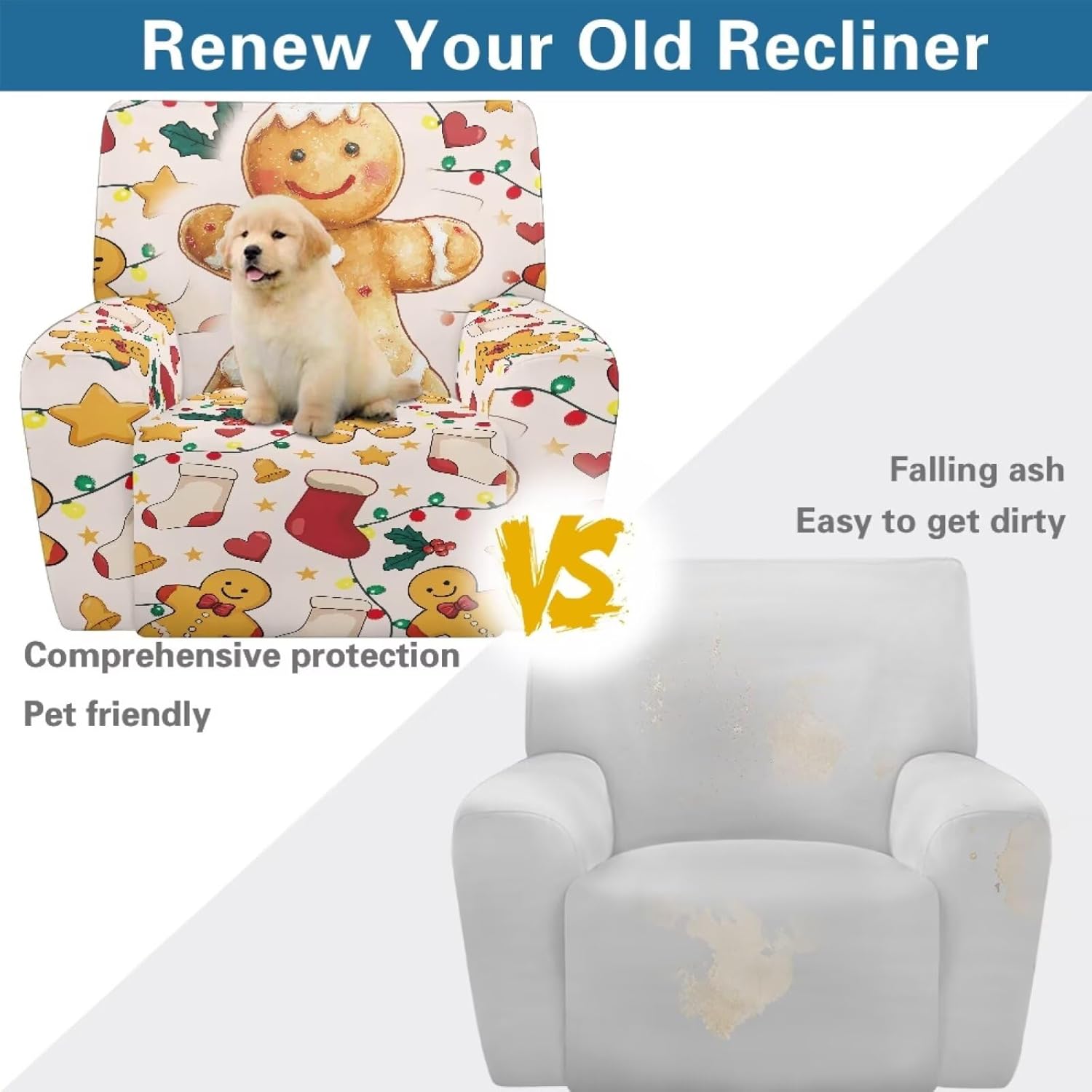 Gingerbread Christmas Recliner Chair Slipcover Non Slip Chair Covers with Arms 4-Piece Soft Sofa Cover Sofa Slipcover Comfy Recliner Slip Cover Cushion Protector Christmas Decor