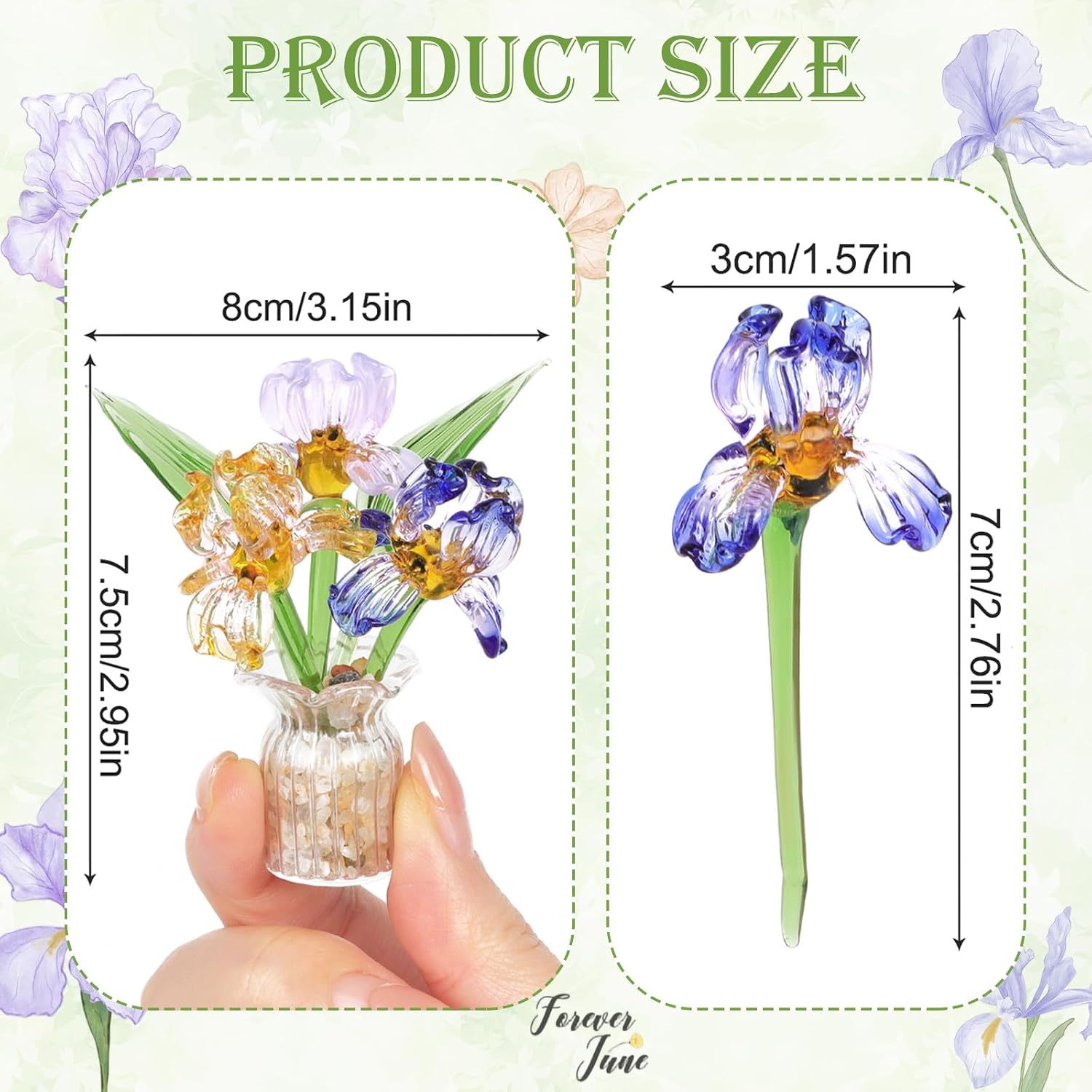Mini Glass Flowers with Vase, Handmade Crystal Flowers Decor Iris Flower Arrangements Glass Flower Bouquet for Home Office Shelf Table Centerpiece Gift for Women