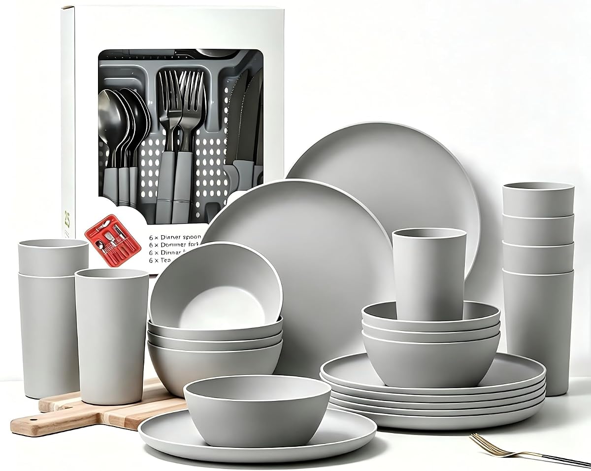 24pcs Matte Gray Dinnerware Set, Plates, Bowls & Cups, Unbreakable Dishes for 8, Reusable BPA‑Free Tableware, Dishwasher Safe for Kitchen, Party, Picnic & Camping, Bonus Cutlery Set Included