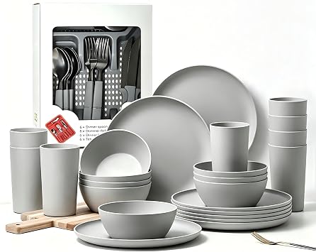 24pcs Matte Gray Dinnerware Set, Plates, Bowls & Cups, Unbreakable Dishes for 8, Reusable BPAFree Tableware, Dishwasher Safe for Kitchen, Party, Picnic & Camping, Bonus Cutlery Set Included