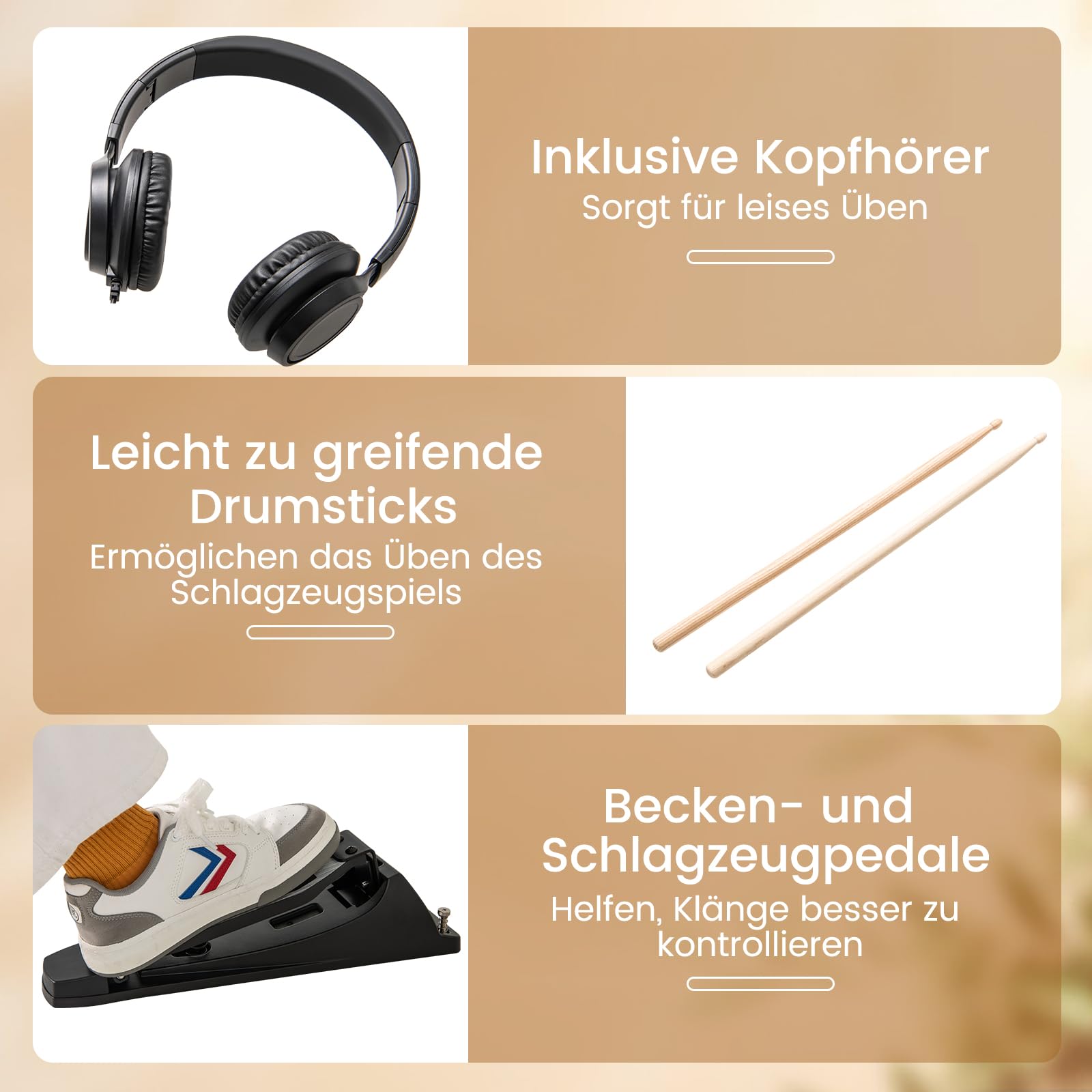 COSTWAY Zestawy E-Drum składane, 8-częściowy zestaw perkusyjny z padami mesh, 225 dźwięków i 30 demonstracji, metronom i USB MIDI, 2 pedały i 2 pałeczki perkusyjne, kompletny zestaw perkusji