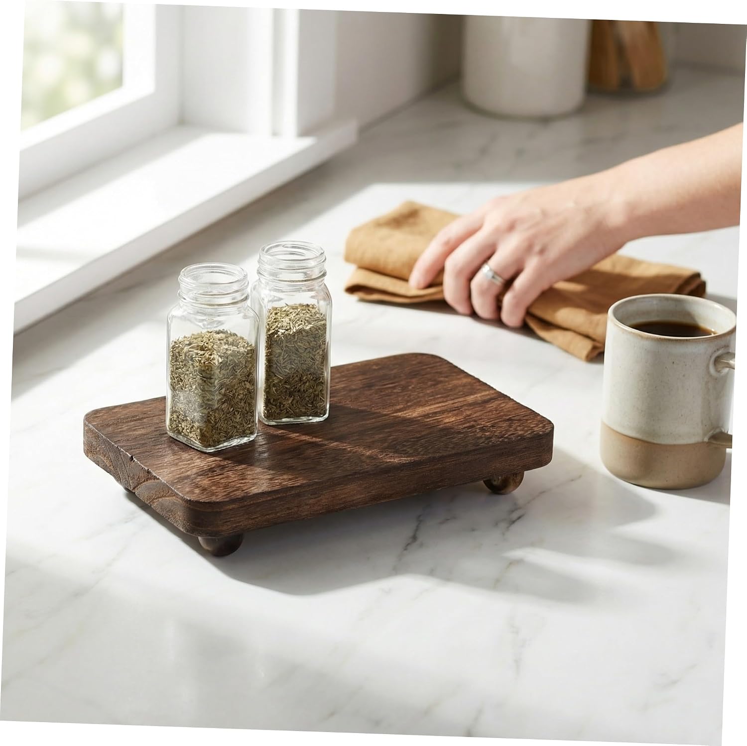 Wooden Display Pedestal Stand for Bathroom and Kitchen Counter, Small Rectangular Makeup Lotion Holder with Legs, Natural Wood Riser Organizer for Home Décor, 3pcs Set