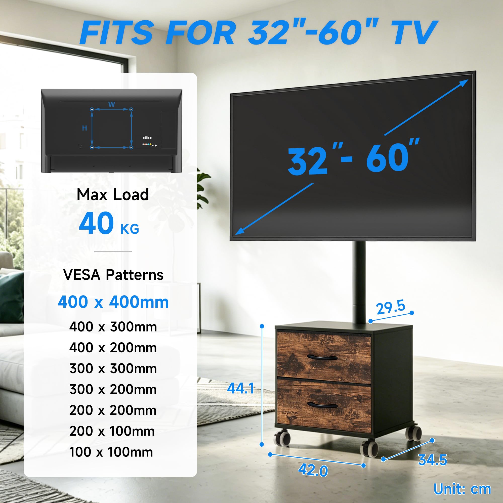 5Rcom Supporto TV nero su ruote per TV LED LCD OLED al plasma da 32-60 pollici, mobile TV piatto curvo regolabile in altezza con staffa fino a 40 kg, supporto mobile per TV con cassetti max VESA 400 x