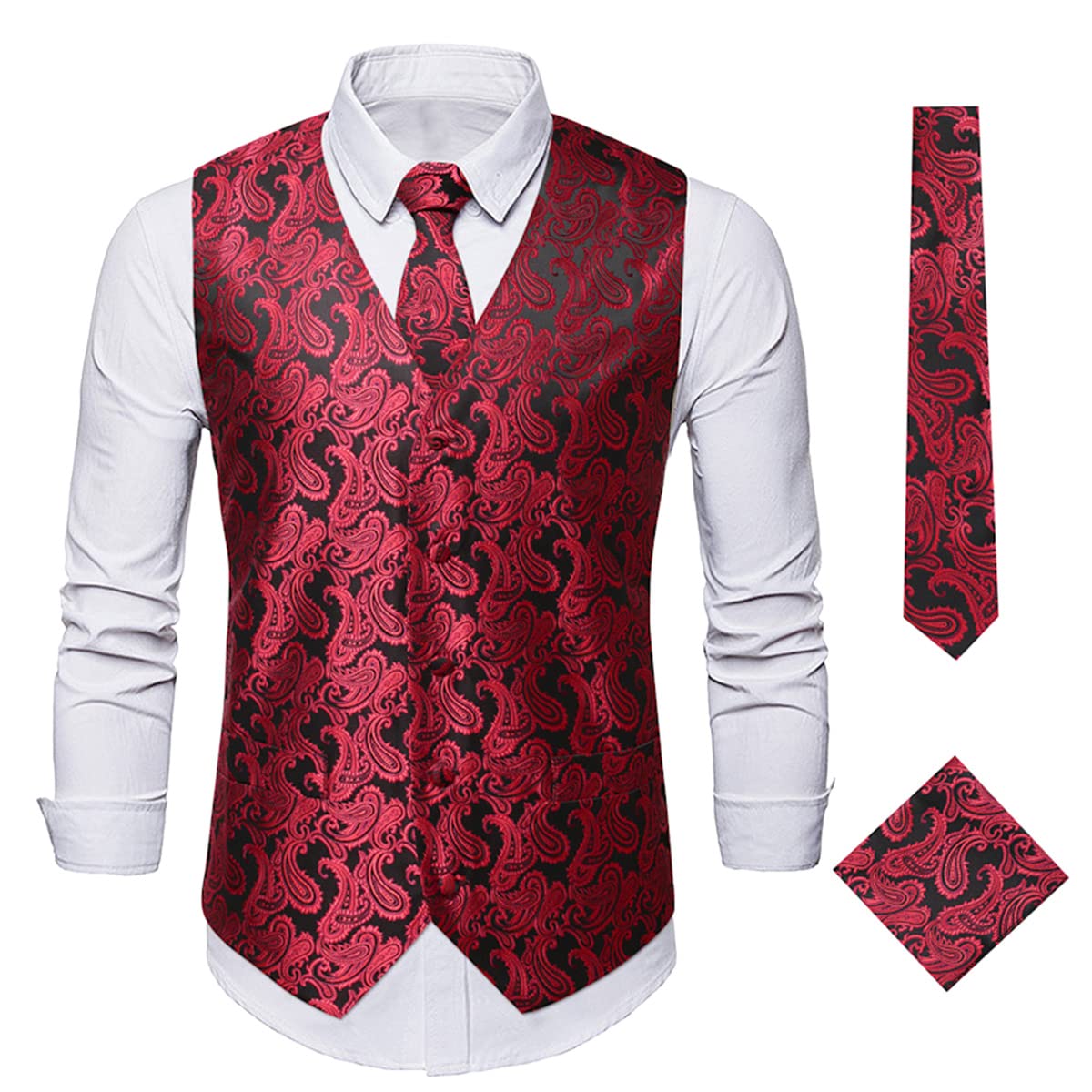 Homme Classique Paisley Floral Jacquard Gilet Couleur Unie Gilet Cravate/Nœud Papillon+Carre Mouchoir+Costume Gilet 3Pc Ensemble Réunion D'affaires Travail Mariage Gilet
