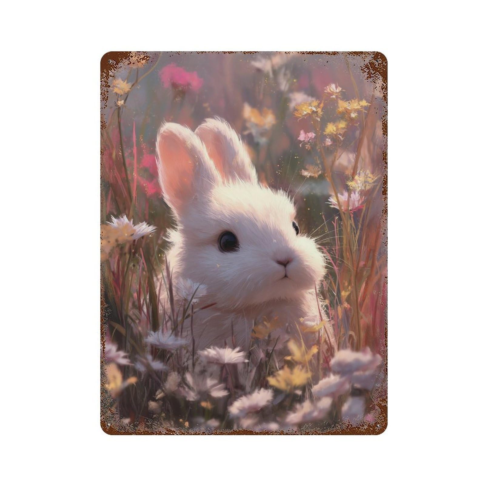 Rustic Tin Plaque with Floral Rabbit Fantasy Design 15.7"x11.8", for Pub, Kitchen And Man Cave Decor, Old School Wall Decor