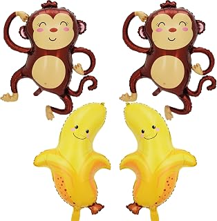 4Pcs Monkey Balloons Banana Foil Mylar Balloons for Jungle Safari Animal Themed Birthday Baby Shower Wedding Party Decorations Supplies