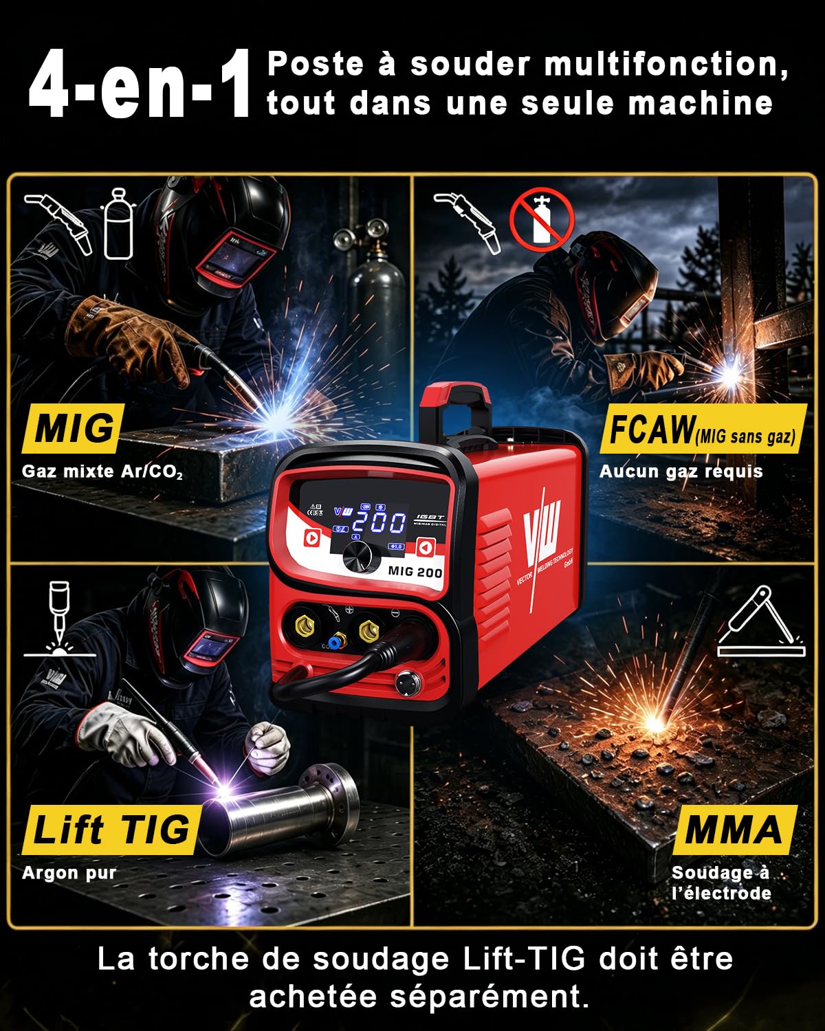 VECTOR WELDING Poste à Souder MIG 200A, 4 en 1 Soudeur MIG Inverter IGBT