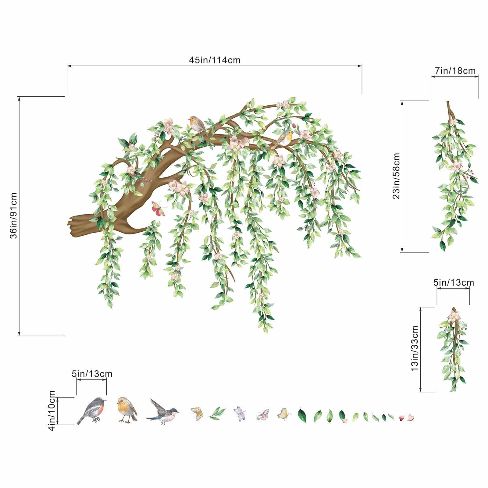 Large Hanging Vine Wall Stickers: Peel and Stick Green Leaf Tree Branch Pink Flower Birds Leaves Wall Decals - Image 4