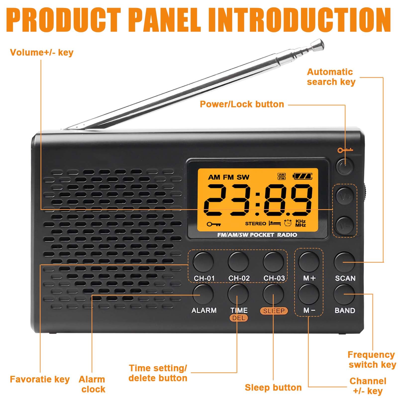GAOUTO Radio Portable AM, FM, SW, Portable, avec Fonctionnement à Piles, écran LCD, FM, 35 préréglages, Prise Casque, Fonction Alarme, minuterie de répétition (Pas de Batterie)