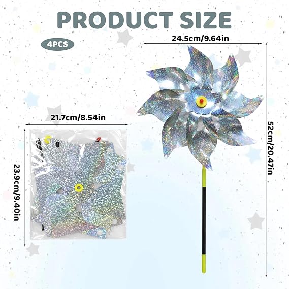4 Octagonal Windmills for Garden, Bird Protection Windmill Deterrent for Vegetable Gardens and Lawns, Decorative Garden with Reflective Design for Outdoor Spaces, Silver, Large