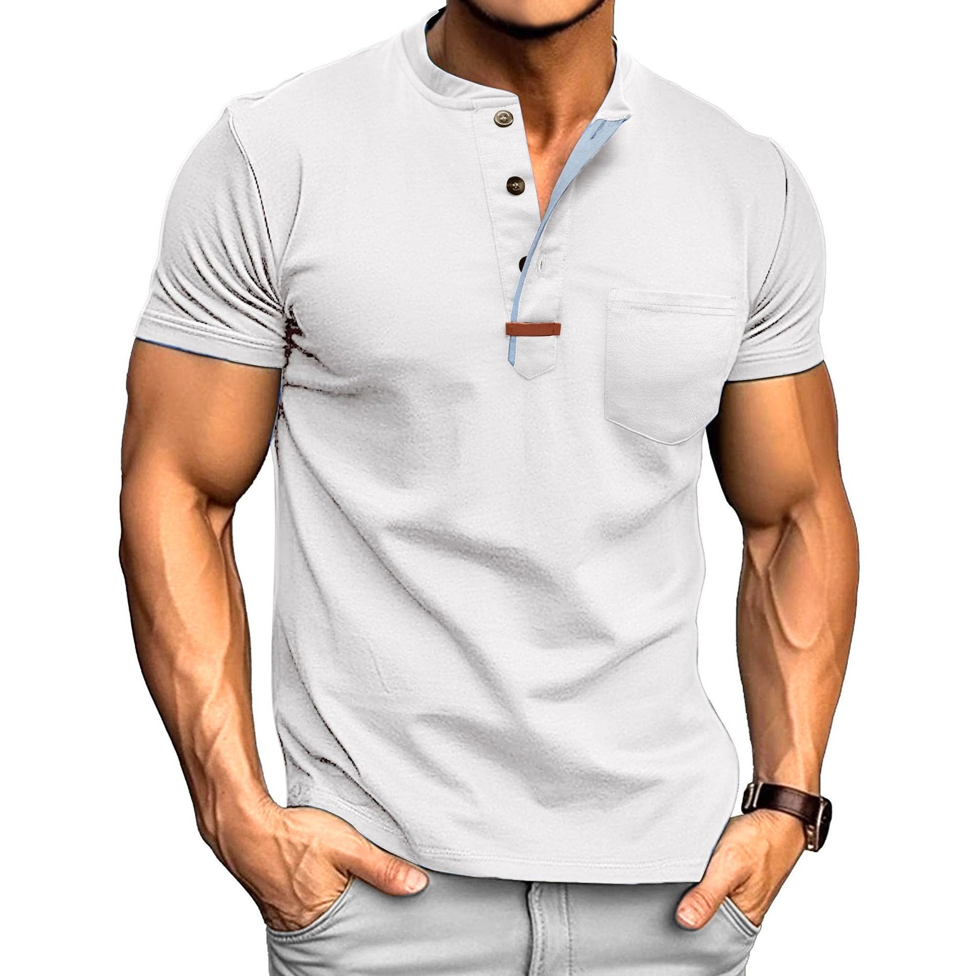 Men Round Neck Henry Collar Casual Shirt Quarter Button Chest Pocket T Shirt Summer Classic Sport Pullover Tops (White,Small)