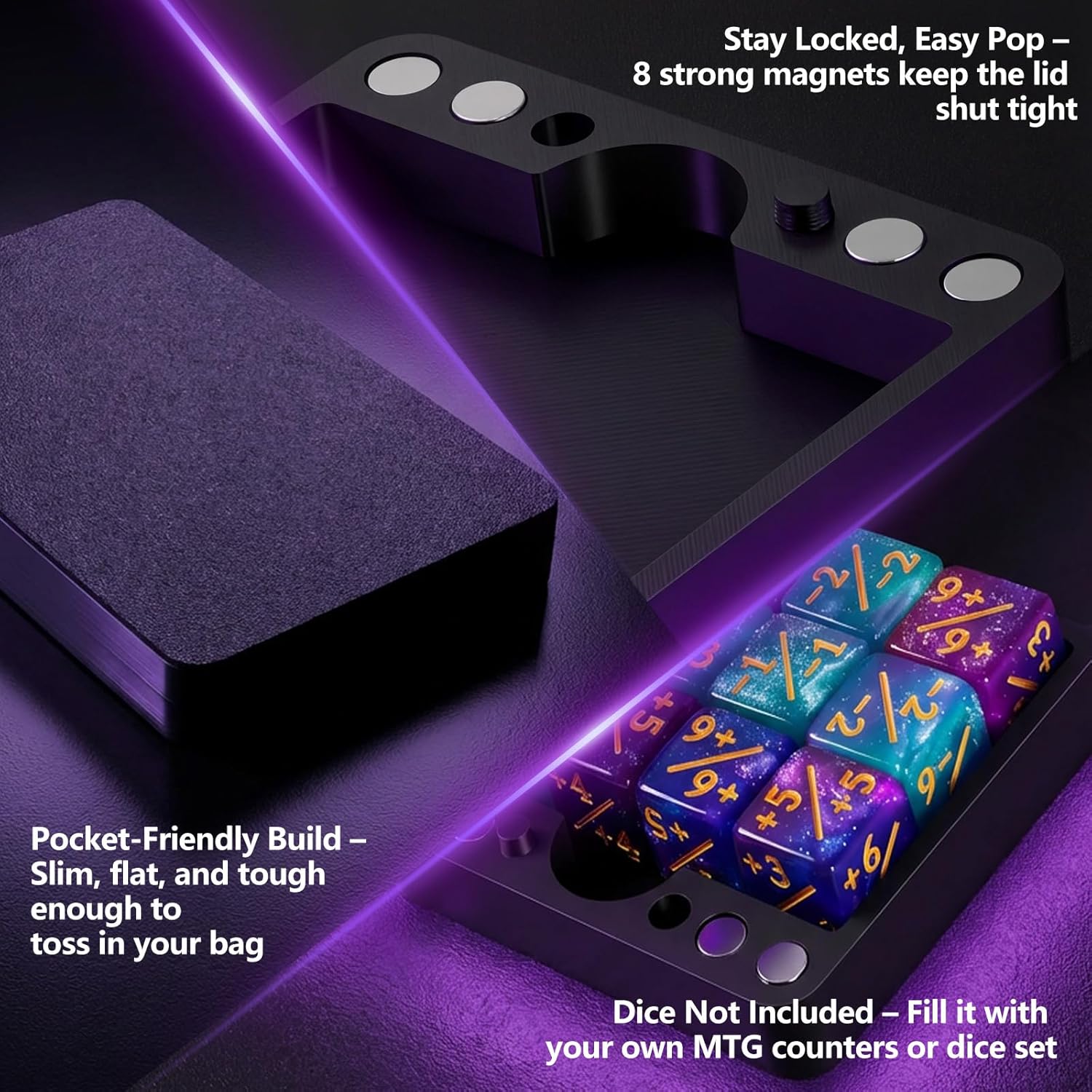 Flat Dice Box MTG Counter Storage for 16mm Dice – Fits 24 Standard Dice – Magnetic Storage Case for RPG, MTG, DND, Tabletop Games (Black, Small)