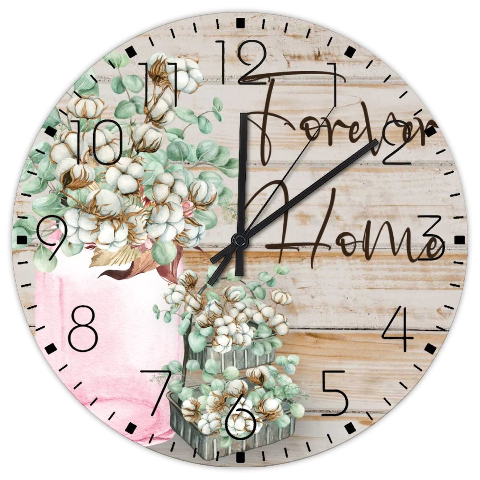 Horloge murale en bois 30,5 cm avec motif fleurs de coton style vintage pour intérieur chaleureux