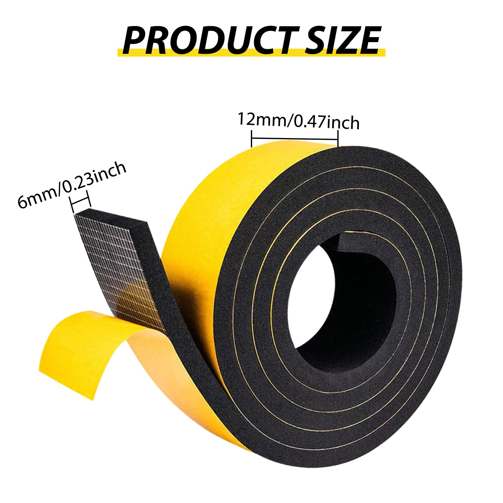 Nastro autoadesivo in schiuma,12 mm (larghezza) x 6mm (Spessore),guarnizione in gomma per porte e finestre,resistente alle intemperie,anti-collisione,isolamento acustico (4m x 2 rotoli),nero