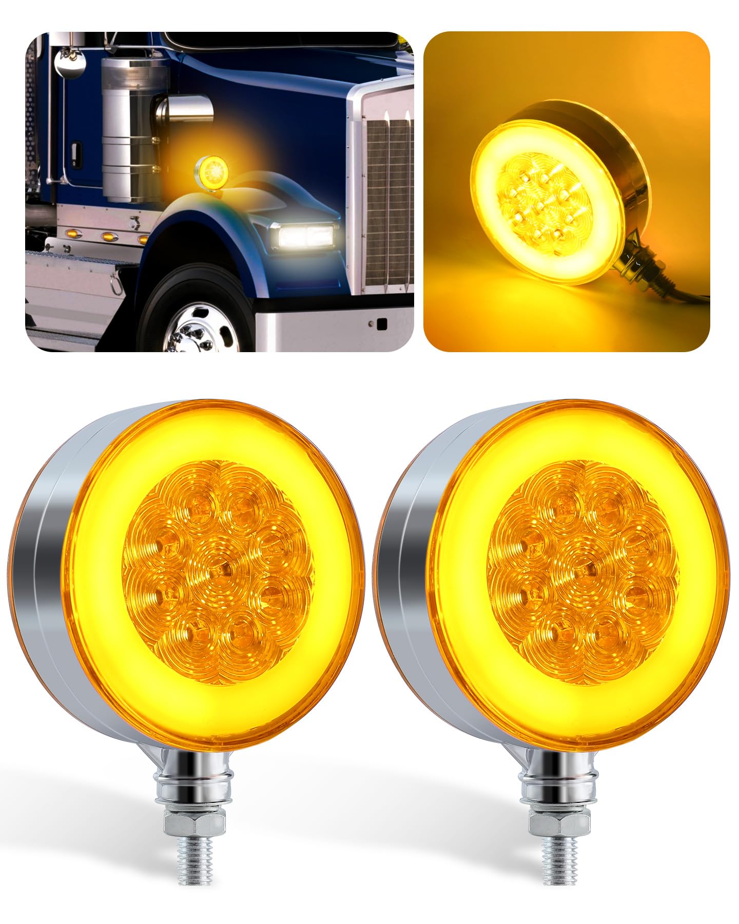 ASNOO 2PCS 74 LED Round Double Face Halo Truck Light, 3 Modes: Full Light, Halo Only, Flashing, 2 Lens Options, IP65 Waterproof, Multi-Use for Turn
