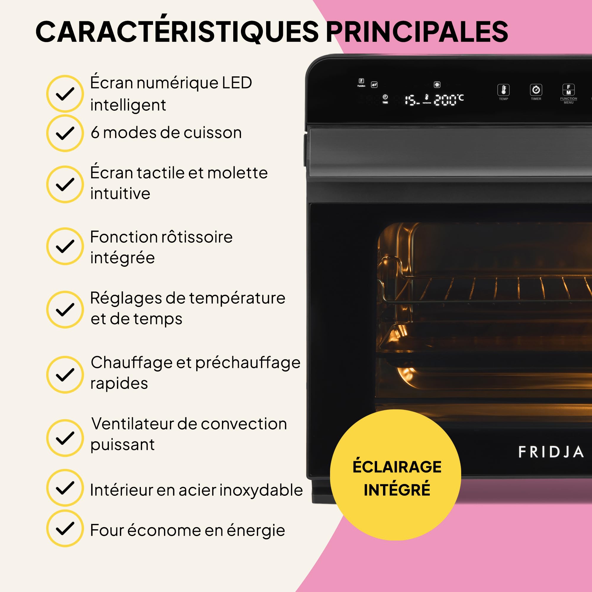 Fridja F77 Super Oven Pro 30L – Four friteuse à air numérique LED premium avec 18 programmes intelligents, fonction rôtissoire, rapide, puissant, polyvalent, intérieur inox, facile à nettoyer.