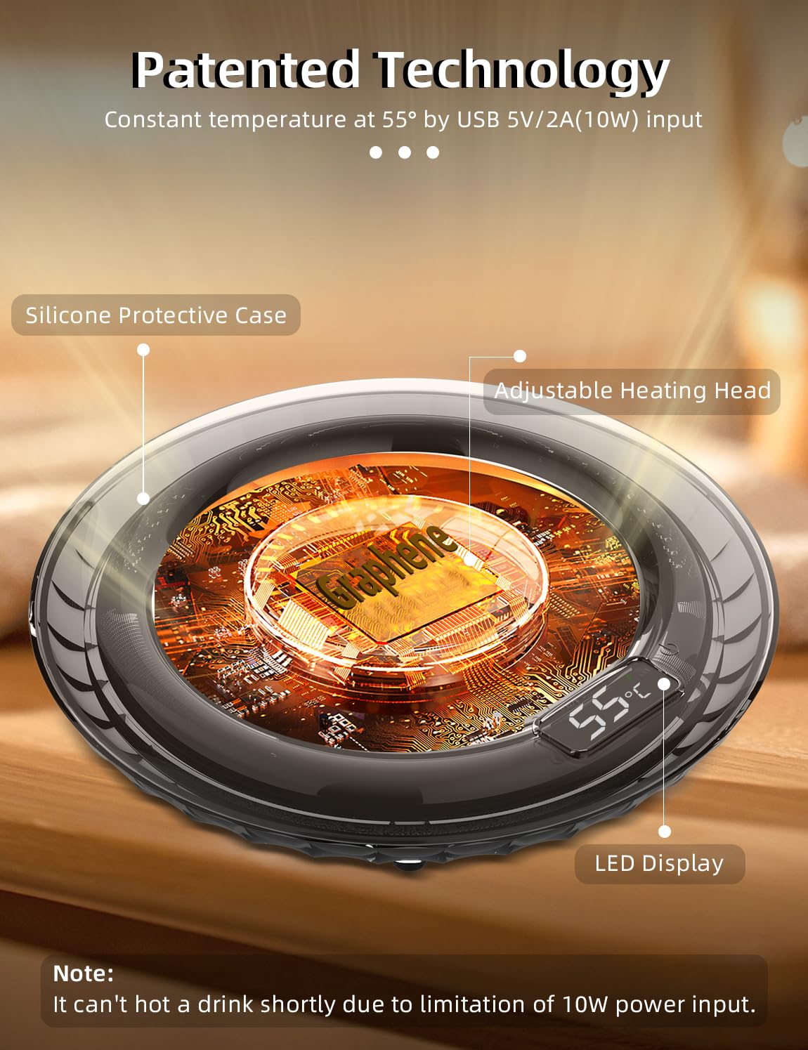 Riscaldatore per tazza da caffè KENSUKA per scrivania, funzionamento a induzione di gravità, temperatura costante di 55℃, ingresso di alimentazione USB 5V/2A, lavabile con acqua.