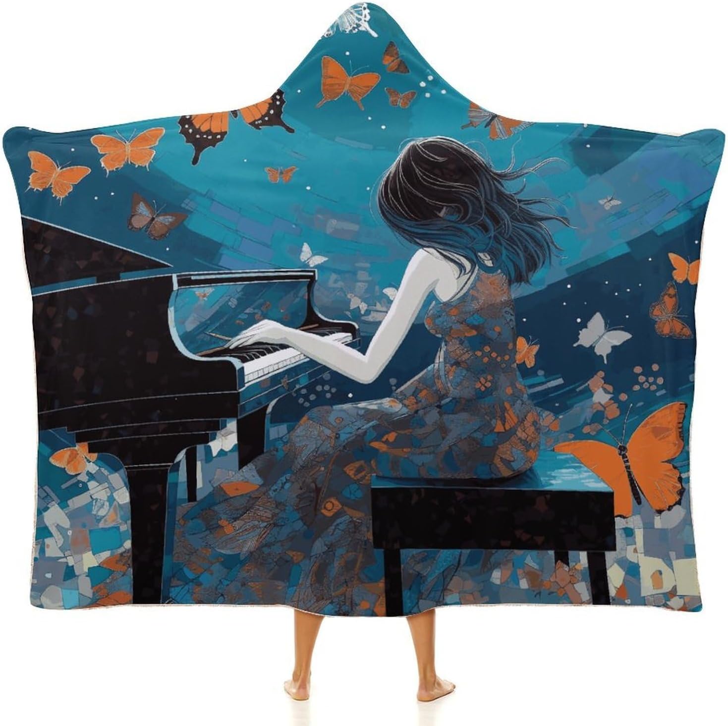 Girl Playing Piano Hooded Blanket Cozy And Functional,Wearable Blanket Hoodie for Women Men,Blanket Poncho Presents50 x60