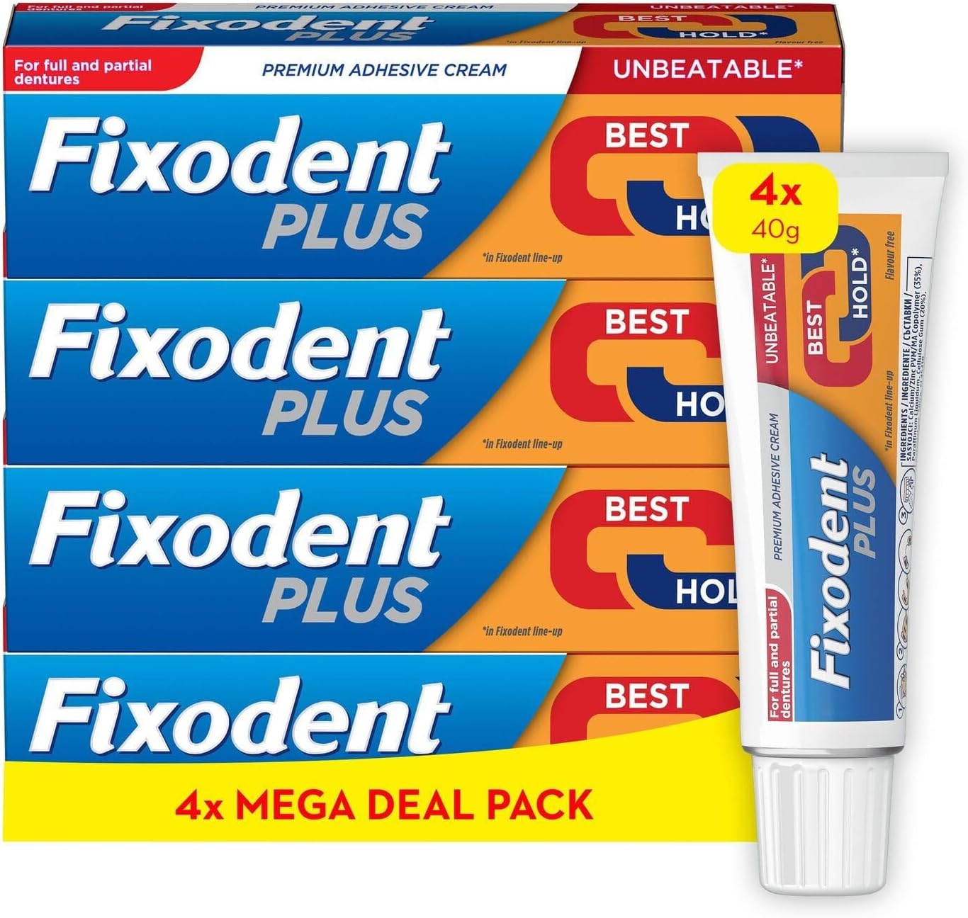 Fixodent Plus Denture Adhesives Cream, 40g x 4, Best Hold, Premium, Up To 88% Of The Hold At The End Of The Day , White