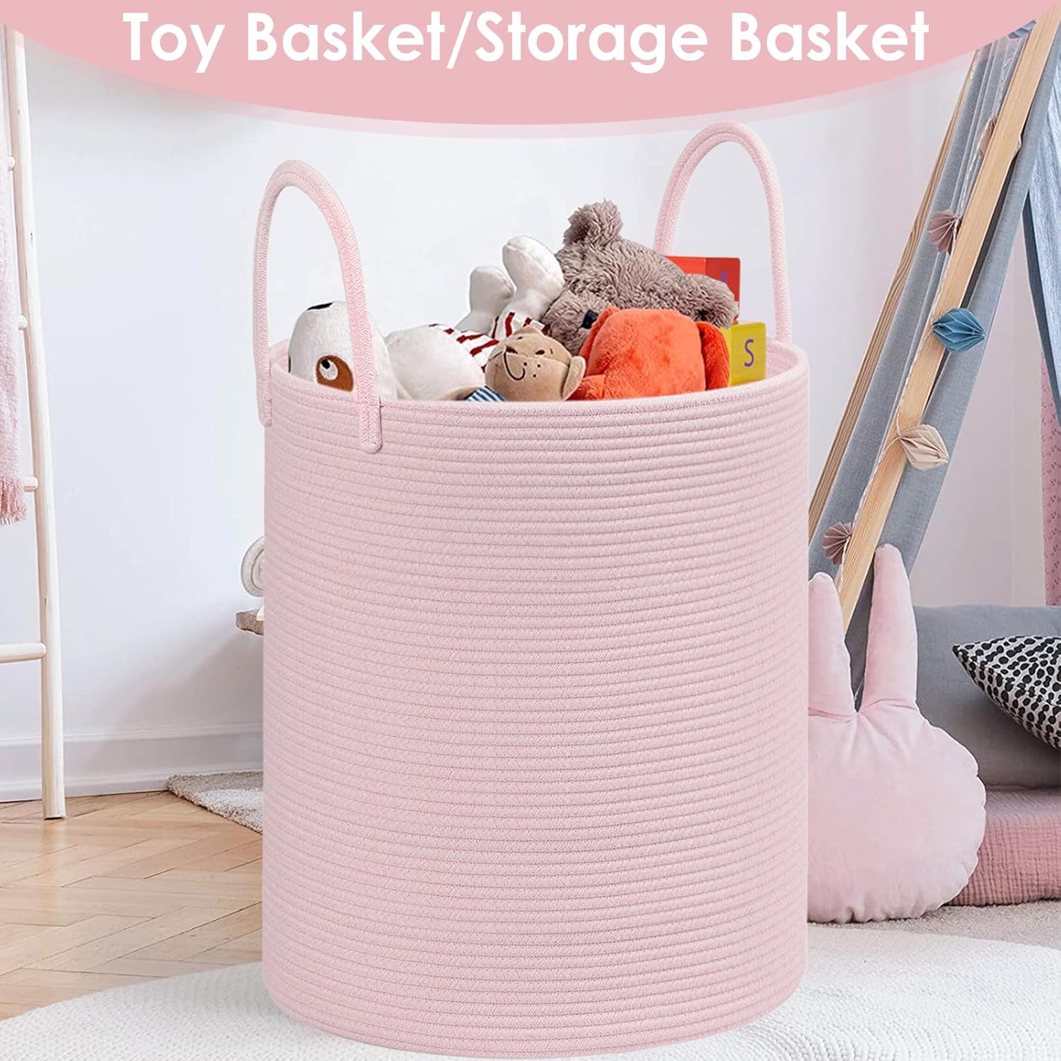 Large Woven Laundry Basket Hamper,100L Cotton Rope Storage Bin for Blankets,Toys and Clothes,Decorative Tall Nursery Hamper for Living Room,Baby Nursery,Bathroom and Bedroom,(Pink, XX Large) - Image 4