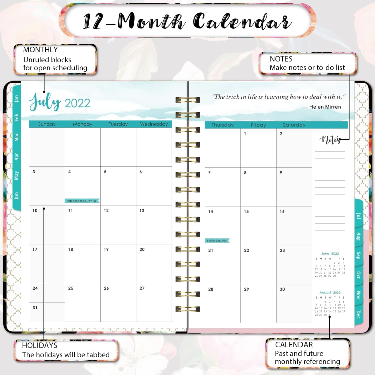 2022 Planner - Weekly and Monthly Planner 2022 from January 2022 to December 2022, 6.3" x 8.4", Planner 2022 with Elastic Closure + Coated Tabs + Inner Pocket