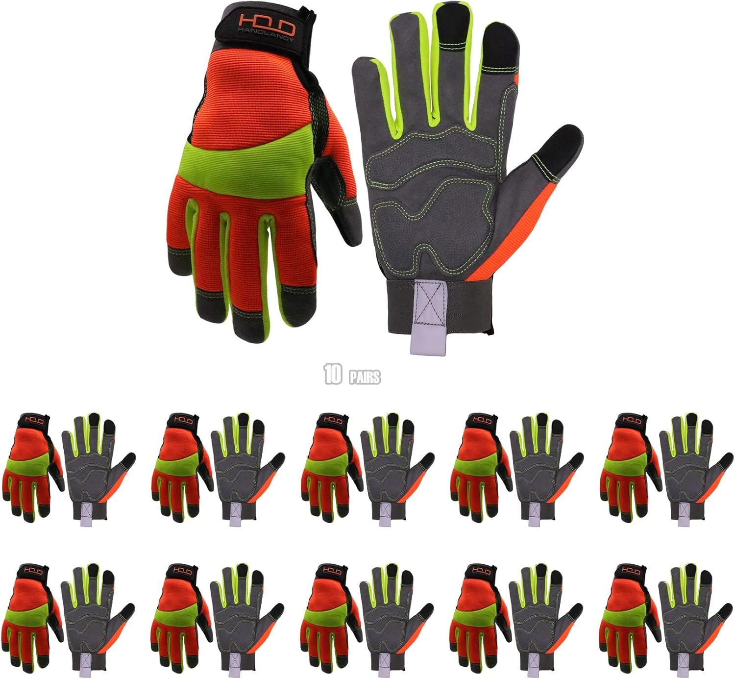 HANDLANDY Hi-vis Reflective Work Gloves Bulk, Pack of 10 Pairs Touch Screen Anti Vibration Safety Working Gloves