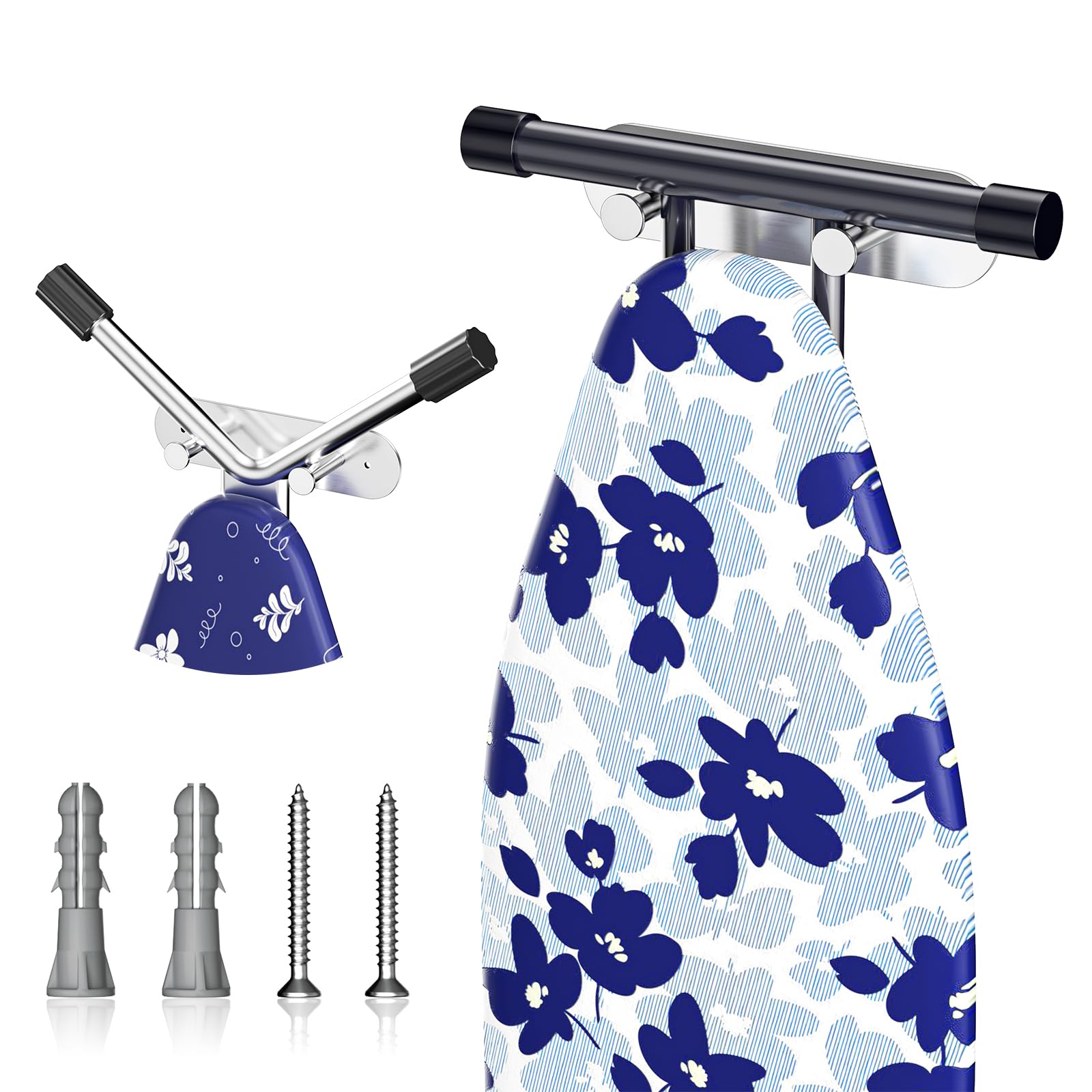 Ironing Board Holder Wall Mount,Ironing Board Hanger with Removable Hooks, Laundry Rooms Stainless Steel Ironing Board Hook for Wall for Y or T Leg