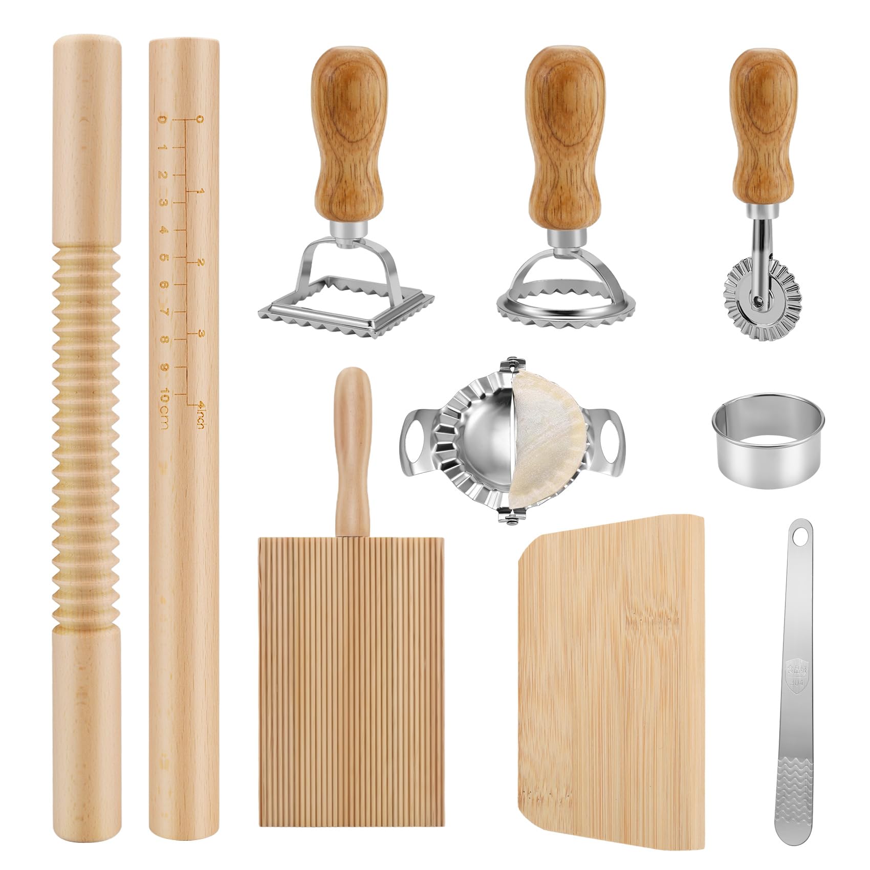 Juwacoo 10 Pcs Pasta Making Tools Set with Wooden Rolling Pins, Ravioli Cutters, Dough, Pasta Cutter Wheel,Gnocchi Board, Pasta Roller, Rack Pasta Maker Mold Kit