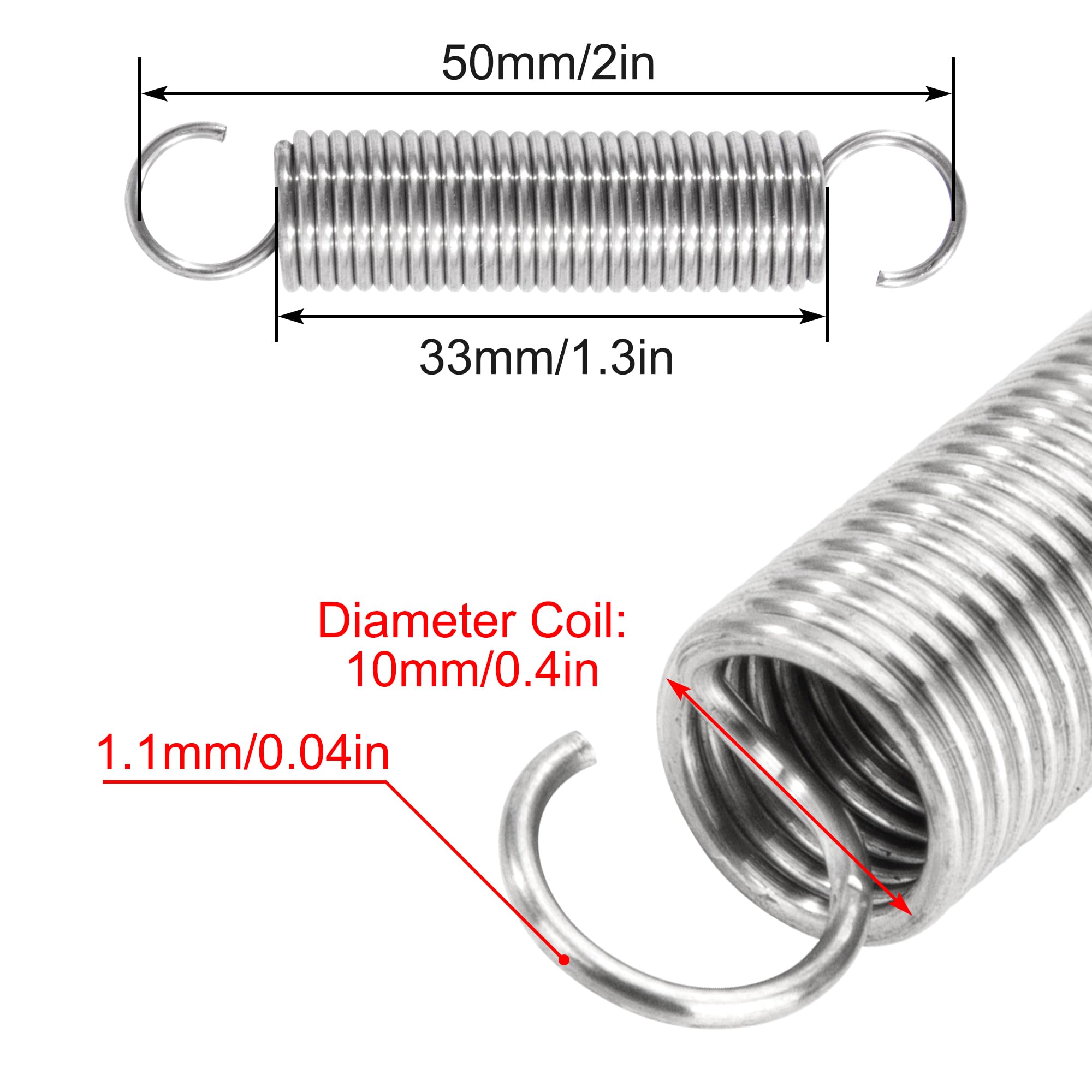 Sprężyny naciągowe 50 mm sprężyna naciągowa podwójny hak ze stali nierdzewnej średnica drutu 1,1 mm średnica zewnętrzna 10 mm ciągnięcie 2,37 kg 4 sztuki