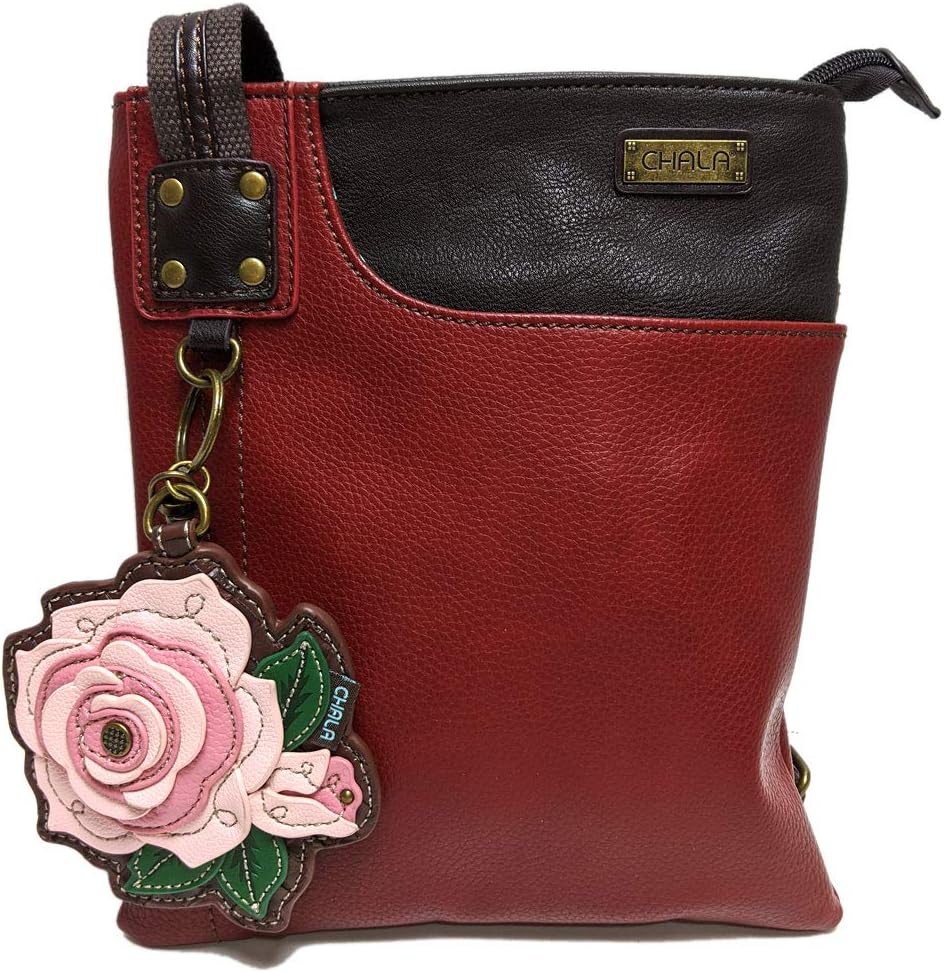 Chala Crossbody Phone Purse | SOFT PU Leather SWING Bag with Chala Key fob (Burgundy_ Pink Rose)