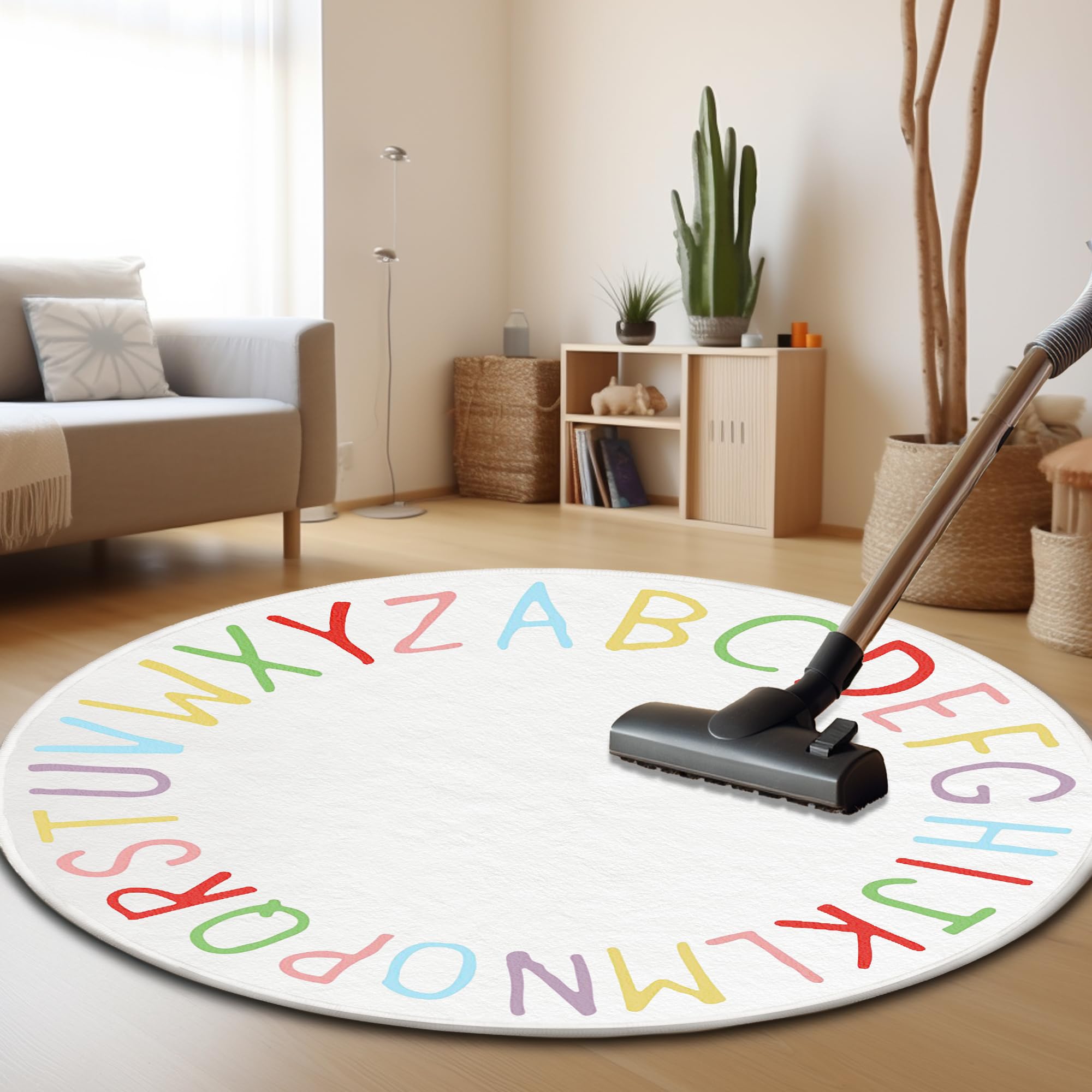 Offizon Round Soft and Fluffy Area Rug, 120x120 cm Feet Beige Furry Smooth Indoor Decor, Carpets for Living Room Bedroom (Alphabet) - Image 4