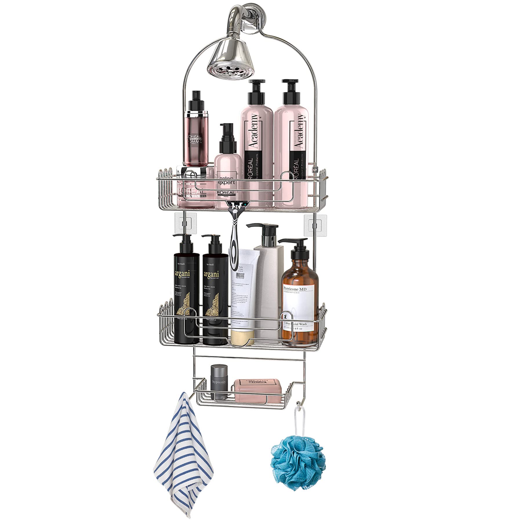 Hanging Shower Caddy, 3 Tier Bathroom Storage Shower Shelf with Soap Dish, Over Head Shower Storage No Drilling for Bathroom (Silver)