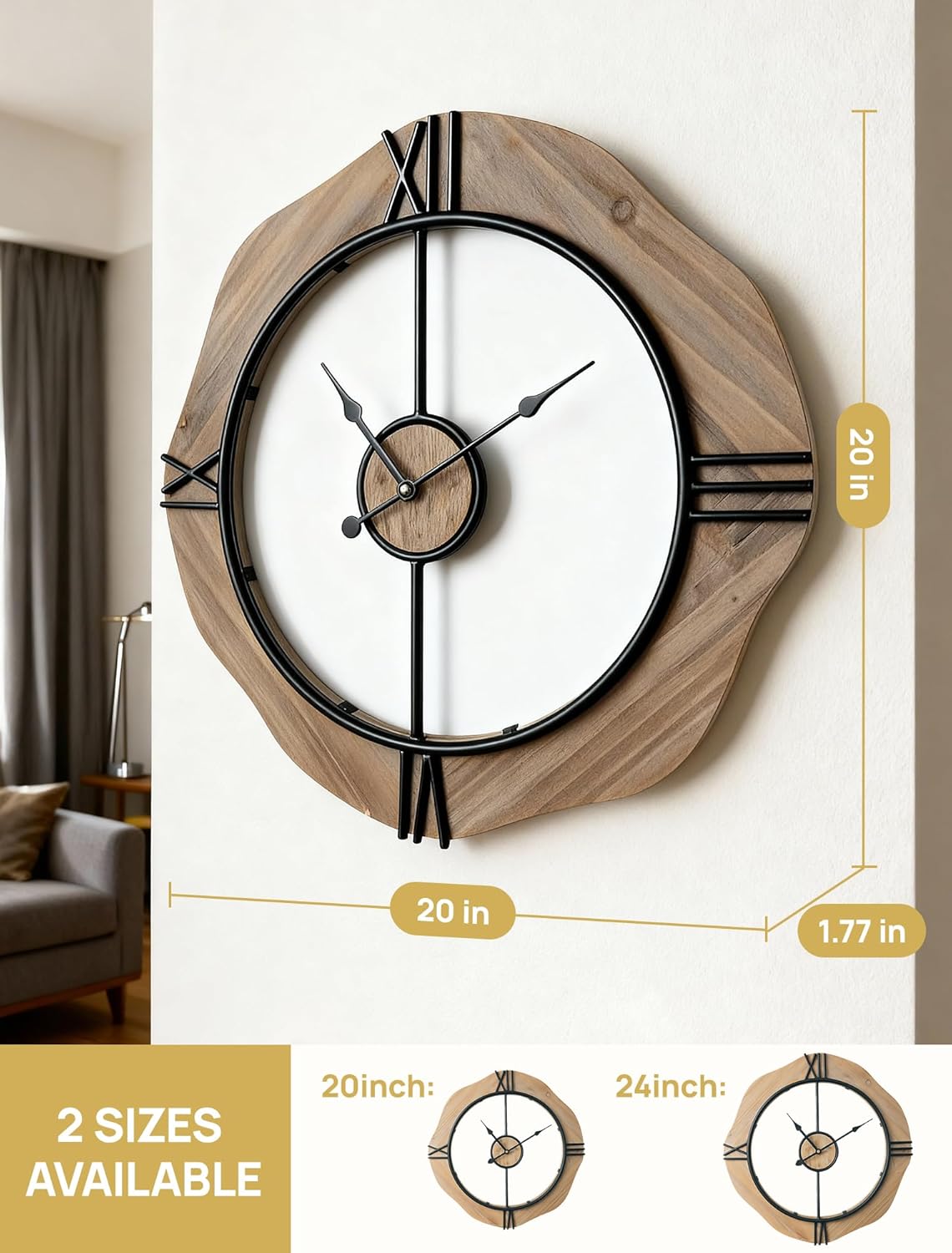 MASHI Large Wall Clock for Living Room Decor,Non Ticking Silent,Battery Operated Round Modern Wood Wall Clock for Farmhouse Home,Bedroom,Kitchen,School,Office Decor (24Inch)