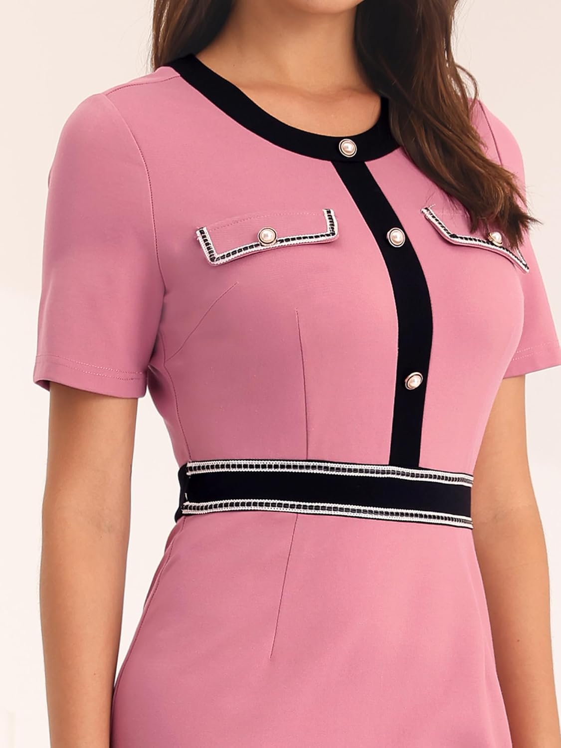 Women's Pencil Dress Short Sleeve Contrast Color Elegant Stretchy Bodycon Work Dresses - Image 4