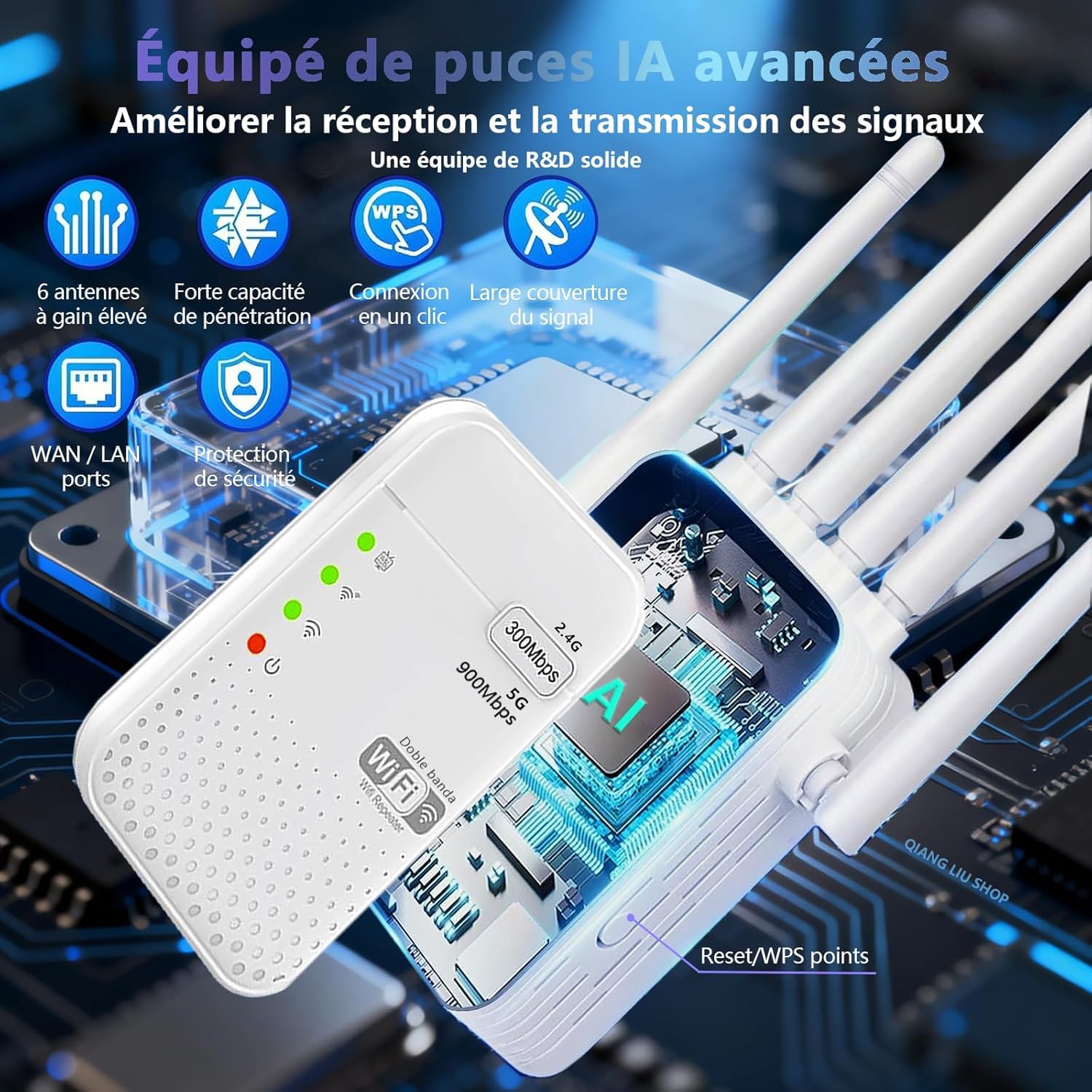Répéteur WiFi 6 AC1200M(2,4) GHz Double Bande avec 2 Ethernet Ports 6 antennesoffrant Une pénétration du Signal Ultra-puissante à 360° à Travers Les Murs, Adaptée aux Bureaux et aux Maisons.
