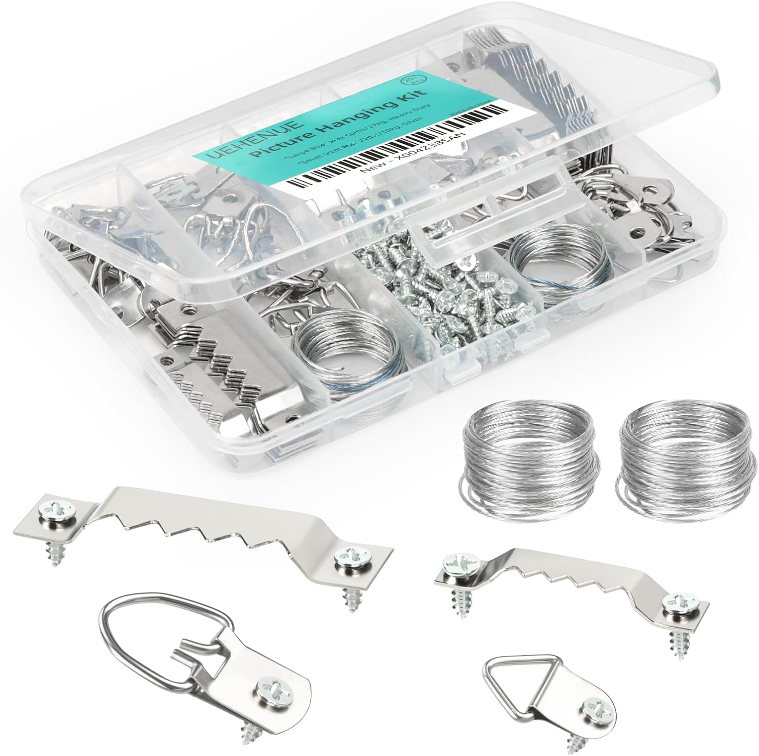 251Pcs Picture Hanging Kit, Include 50 Sawtooth Picture Hangers, 50 D Rings, 150 Screws and 3.6m Wire Ropes, Heavy Duty Picture Frame Hanging Hardware for Wall Artworks Frame Canvas Mounting