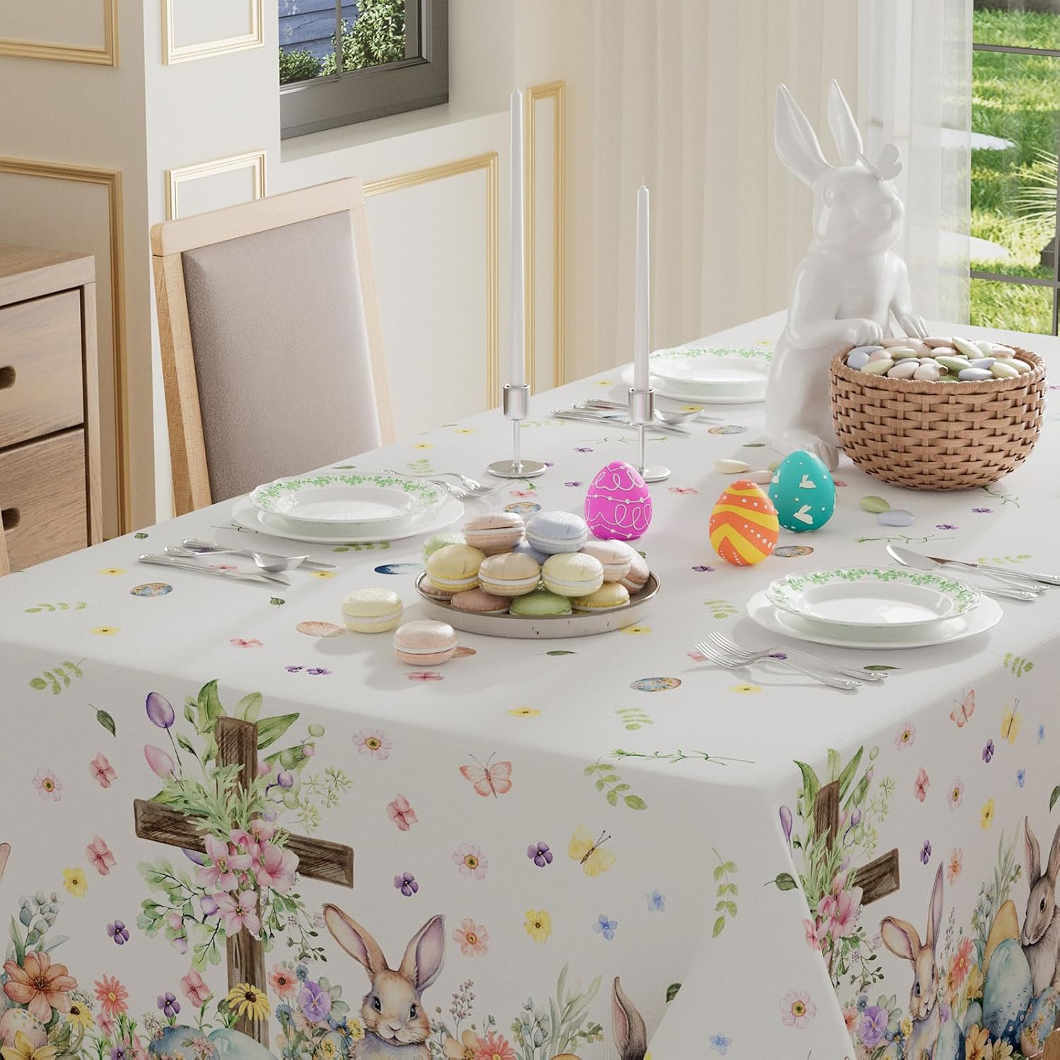 XCHI Bunny Eggs Flowers Cross Rabbit Easter Tablecloth Rectangle Table Cloth Washable Table Covers for Indoor Dining Home Party Decorations 60x120 Inch