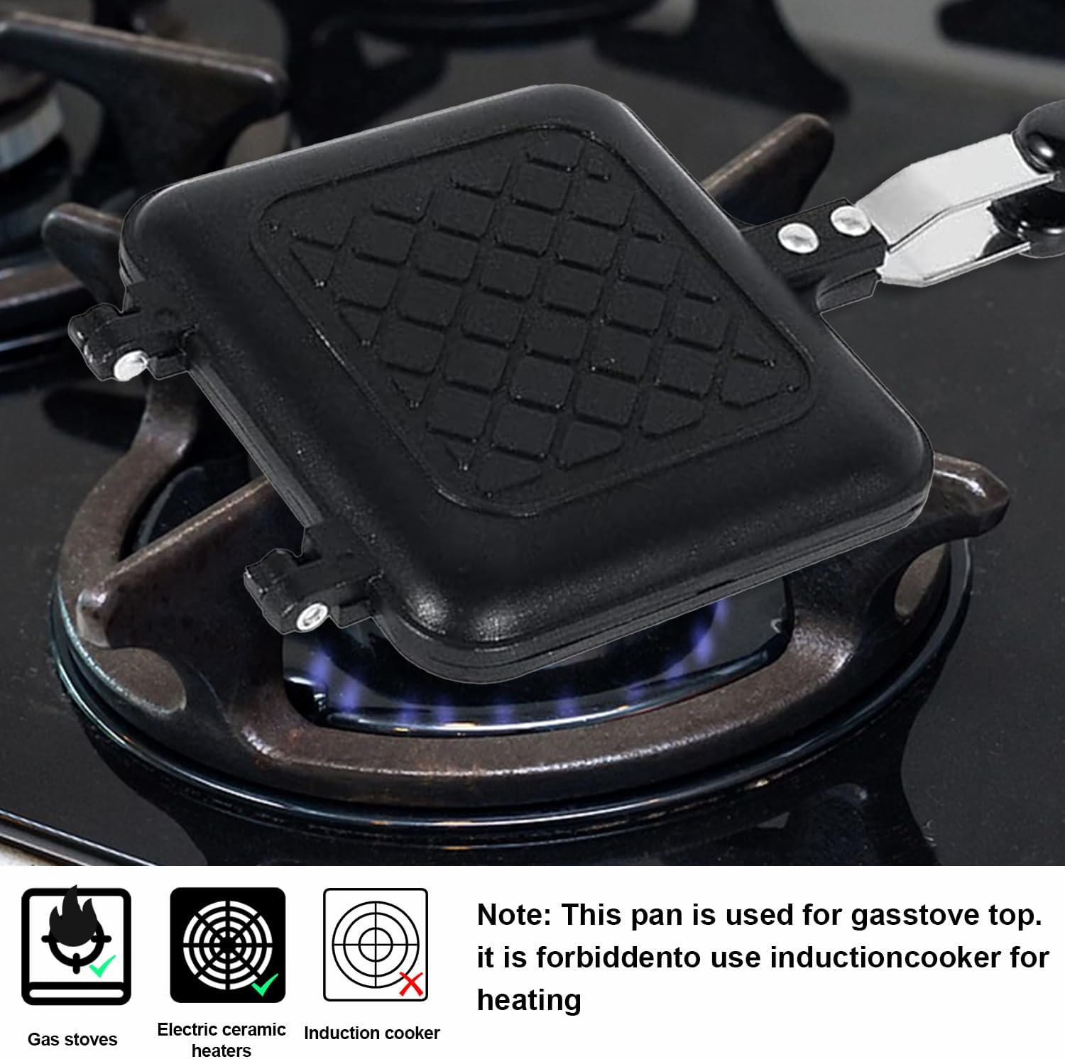 Stovetop Sandwich Maker, Grilled Toasted Panini Maker with Handle, Aluminum Flip Sandwich Pan for Home Kitchen, Camping, 5.9" x 13.4"