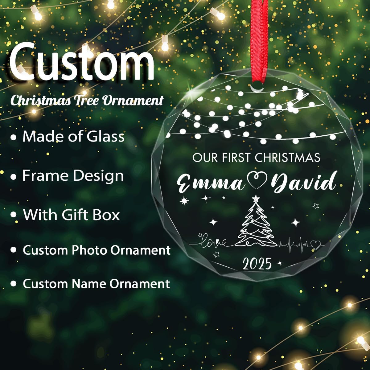 Personalized Our First Christmas Ornament 2025, Custom Couples Name Text Customized Xmas Tree Hanging Decorations Keepsake House-Warming Gift for Family Dad Mom Husband Wife Her