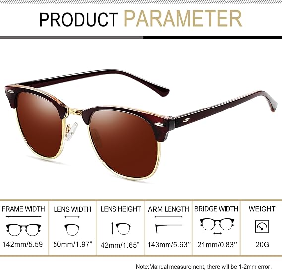 Joopin Vintage Sunglasses Half Frame Sun Glasses Polarized UV Protection Browline Shades for Women Men
