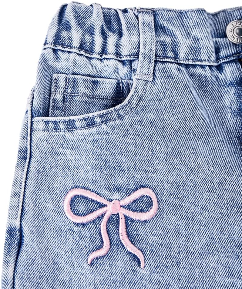 Nivne Tco Toddler Girls Baggy Jeans Bow Embroidery Elastic Waist Zipper Fly Loose Fit Wide Leg Denim Pants with Pockets - Image 3