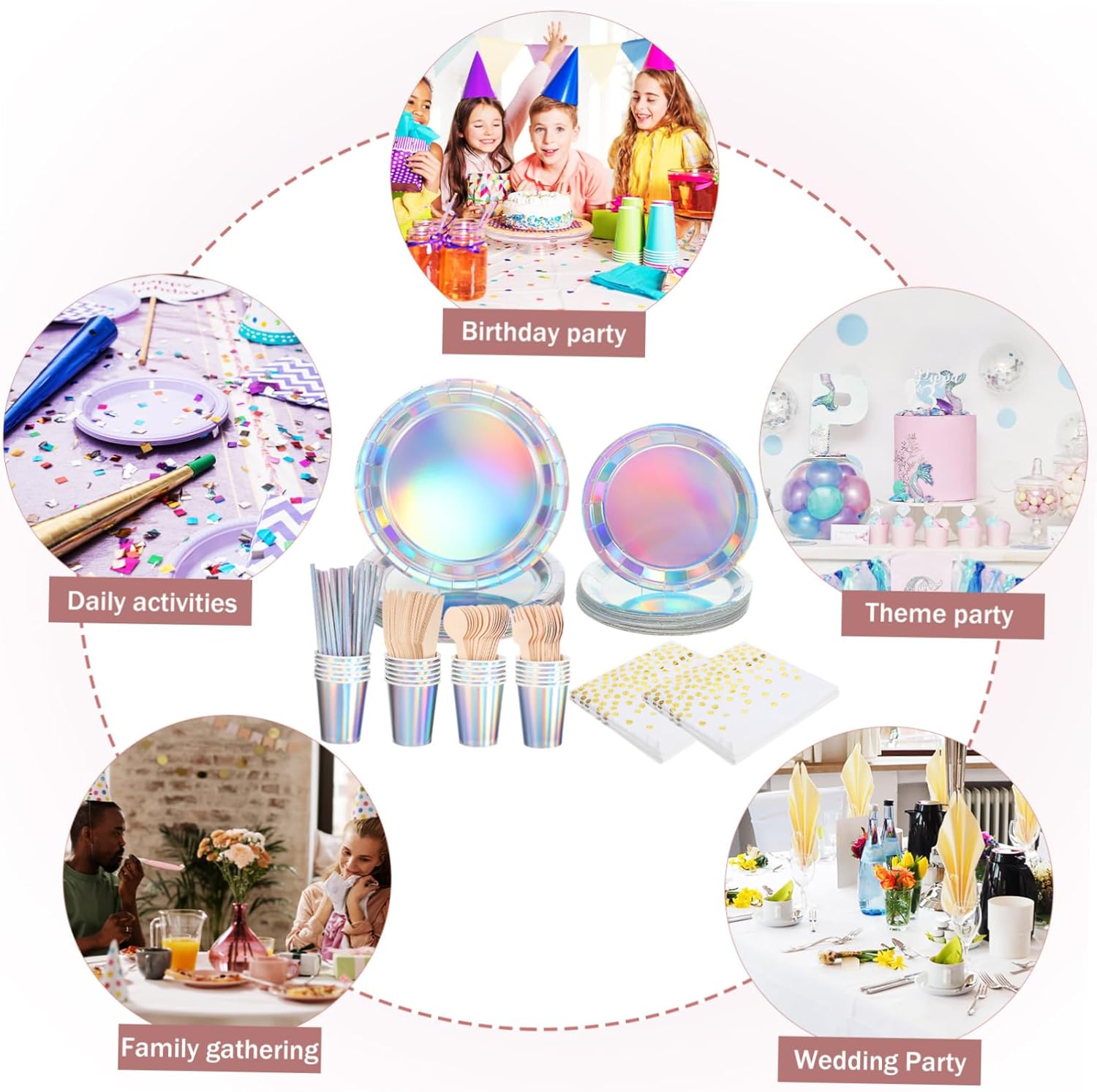 Cabilock 25sets Iridescent Party Tableware Disposable Plates Cups and Napkins for Birthdays Weddings Showers and Tea Parties Vibrant and Convenient Celebration Supplies