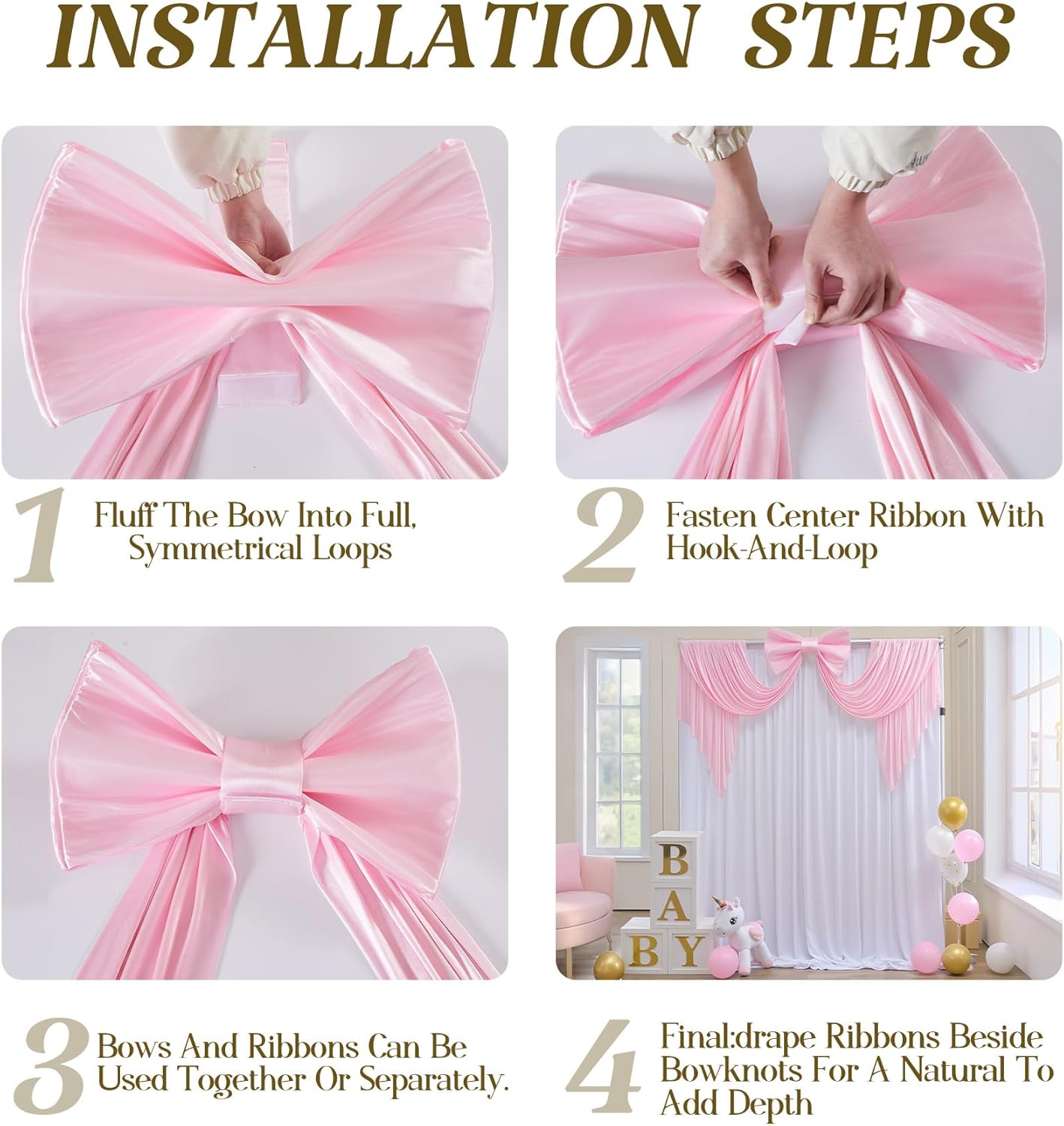 Giant Pink Bow for Backdrop 80x24 Inches Large Satin Ribbon Bow Wall Decor for Wedding Birthday Baby Shower Party Photo Booth, Washable Reusable Big Bow for Nursery Bedroom Door Hanging Decoration