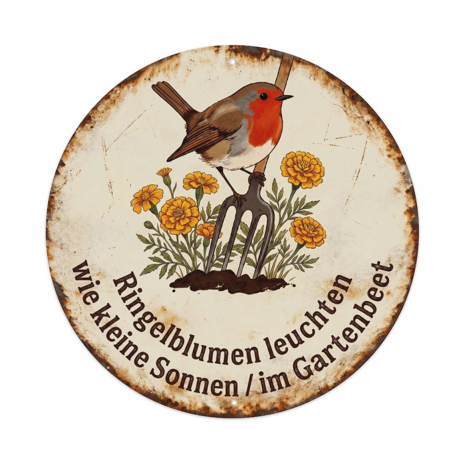 Robin Bird Garden Quote Marigold CircleMetal Tin Sign