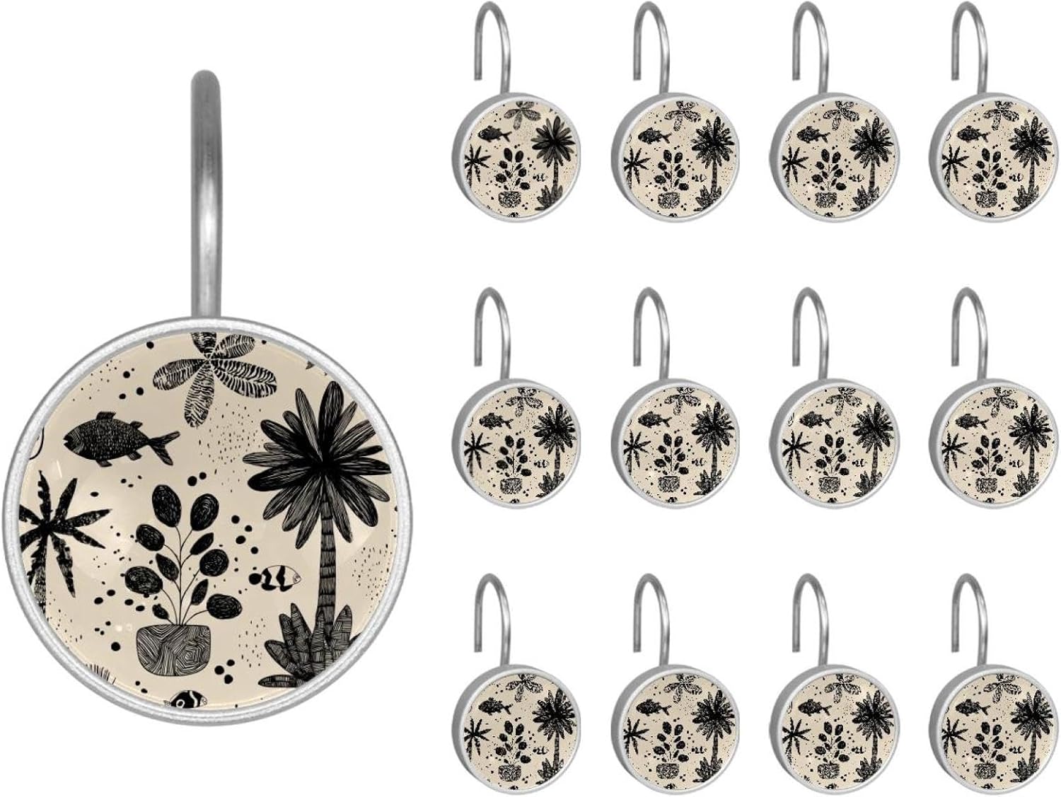 Abstract Flowers Palm Trees Round Crystal Glass Decorative Shower Curtain Hooks with 3D Pattern Visual, Rust Proof Shower Curtain Rings-12 Pack