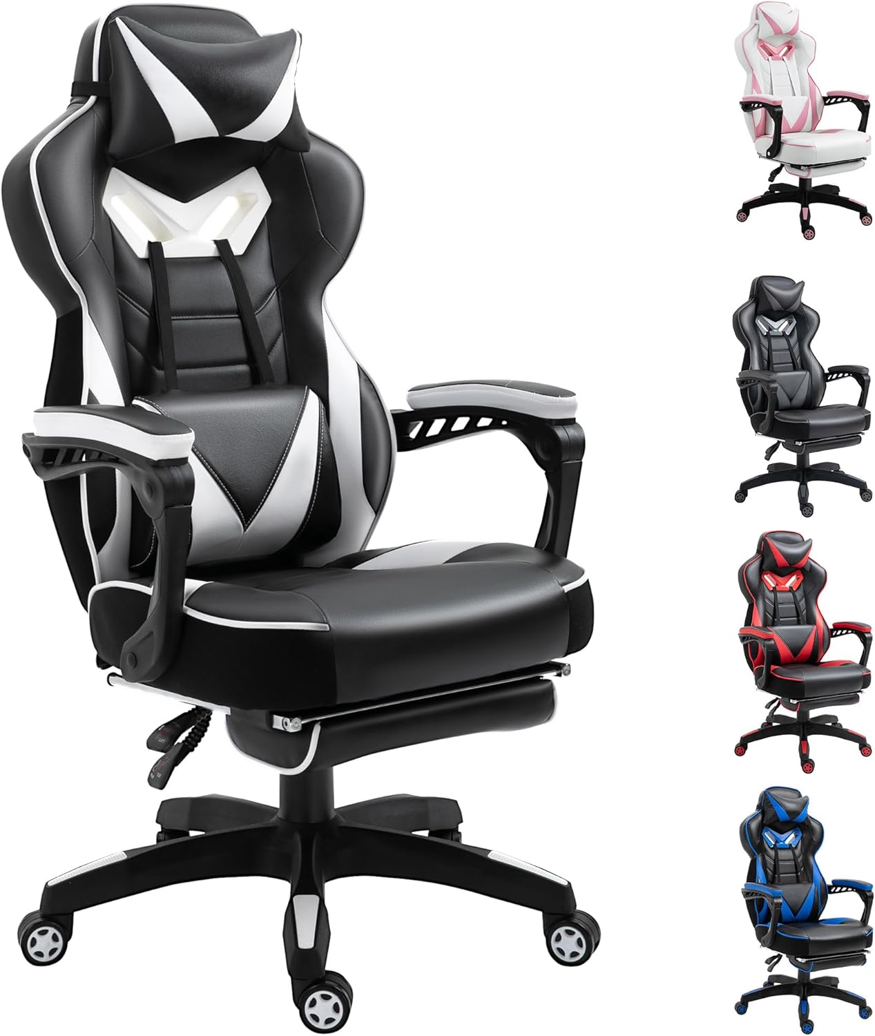 Vinsetto Computer Gaming Chair, Racing Desk Chair with Lumbar Support and Footrest, PU Leather Gamer Chair with Headrest and Swivel Wheels for Home, Whit