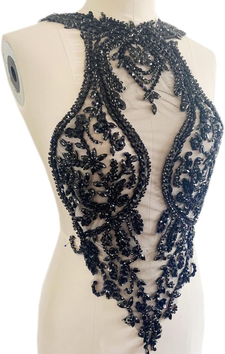 Handmade Rhinestones lace Applique handsewing Beads Trim Patches Dress Front Accessories (Black)