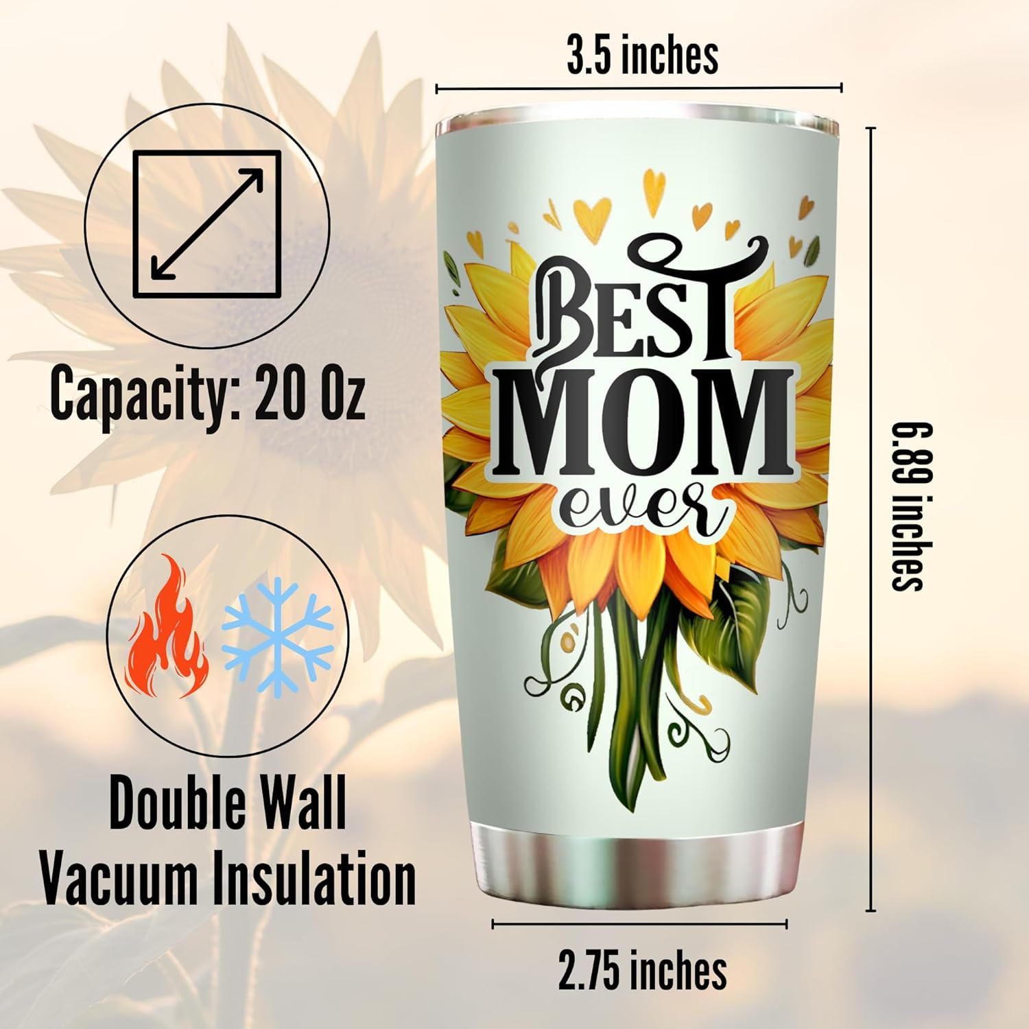 Best Mom Ever Tumbler - Drinking Cup for Mom Gifts from Daughter Son Kids - Worlds Best Mom Mug - Mothers Day & Birthday Sunflower Gifts for Women - 20oz Stainless Steel Tumbler - Image 2