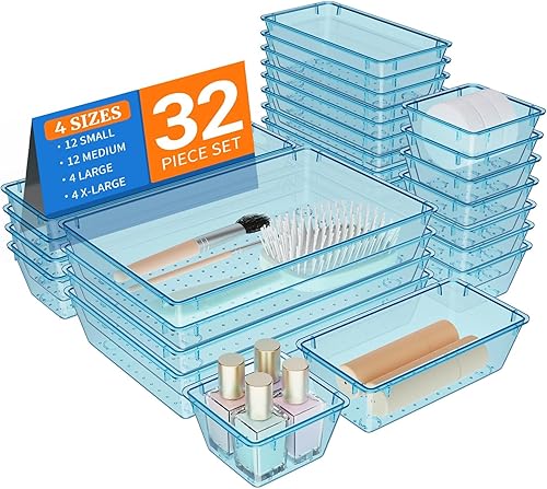 Juego de 32 organizadores de cajones de plástico transparente, bandejas organizadoras de tocador de 4 tamaños y contenedores de almacenamiento para