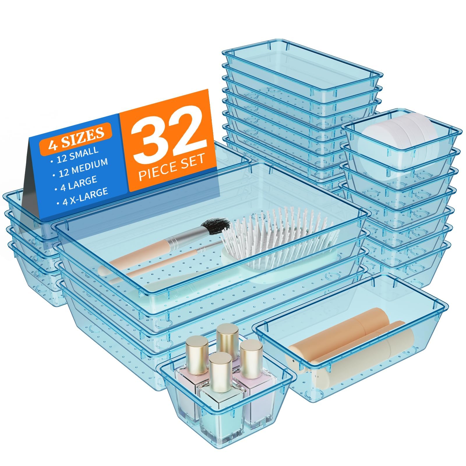 StorMiracle 32 PCS Clear Plastic Drawer Organizer Set, 4-Size vanity organizer Trays and Storage Bins for Makeup, Jewelry and Gadgets in Bedroom,